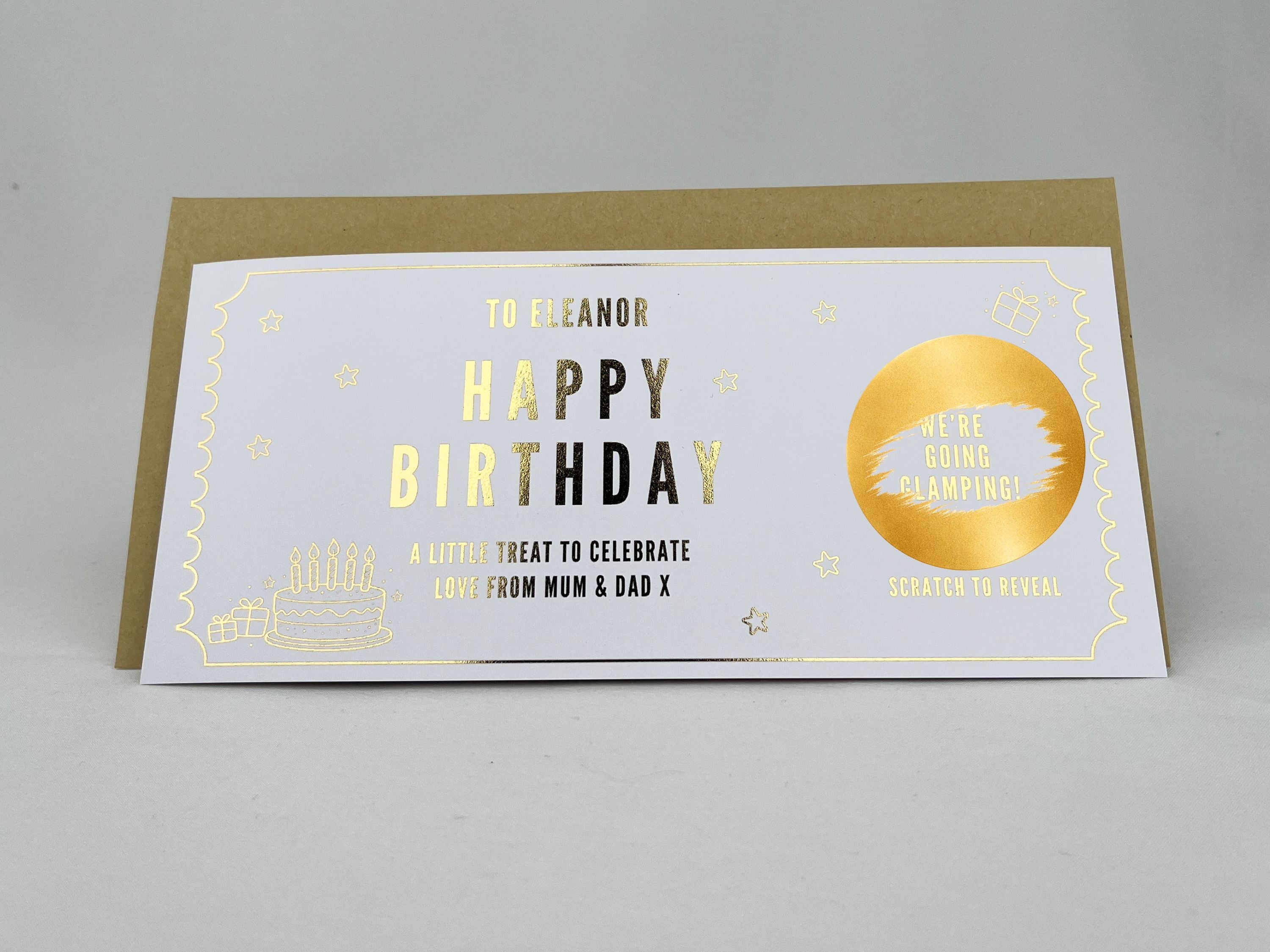 Birthday Cake and Gifts Scratch Off Card, Personalised Surprise Voucher Gift