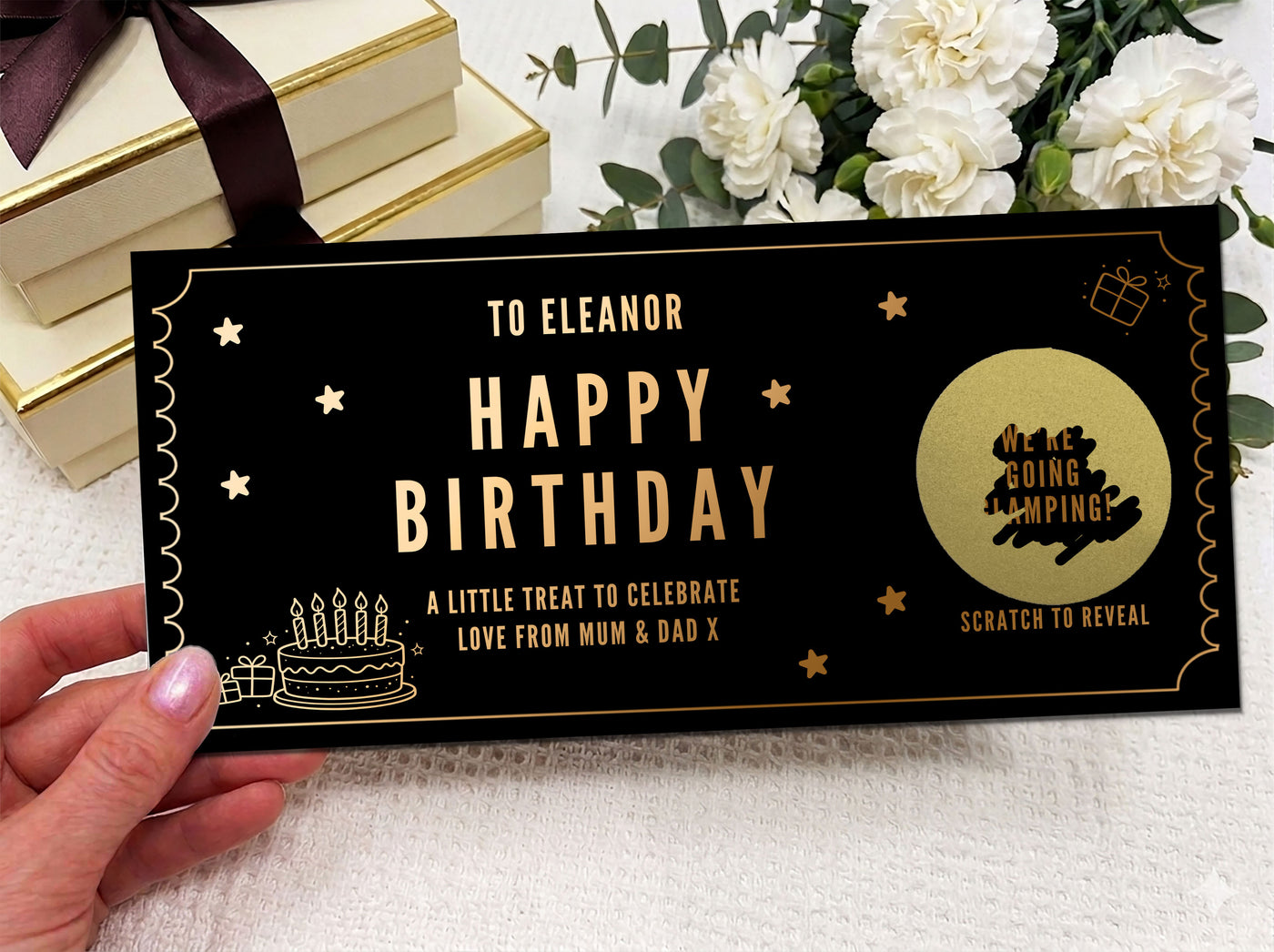Birthday Cake and Gifts Scratch Off Card, Personalised Surprise Voucher Gift