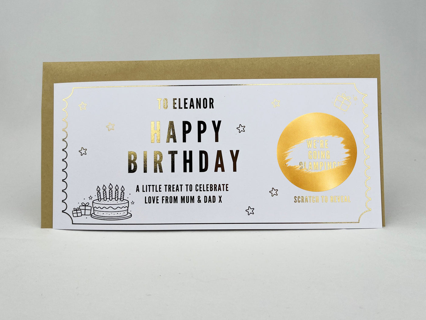 Birthday Cake and Gifts Scratch Off Card, Personalised Surprise Voucher Gift