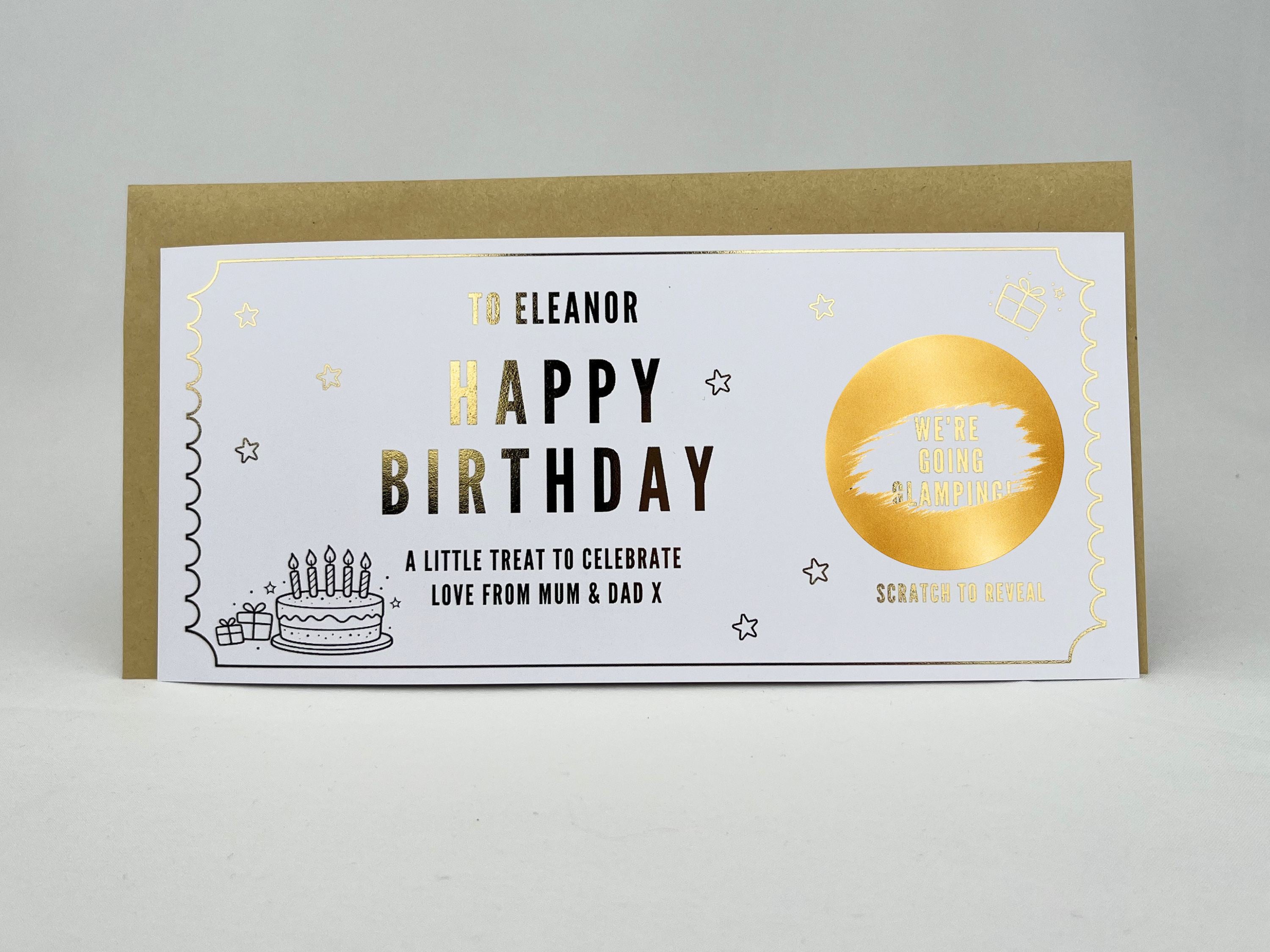 Birthday Cake and Gifts Scratch Off Card, Personalised Surprise Voucher Gift