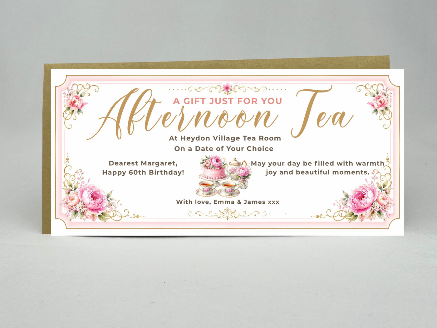 Personalised Afternoon Tea Gift Voucher Card – Elegant Floral Vintage Design