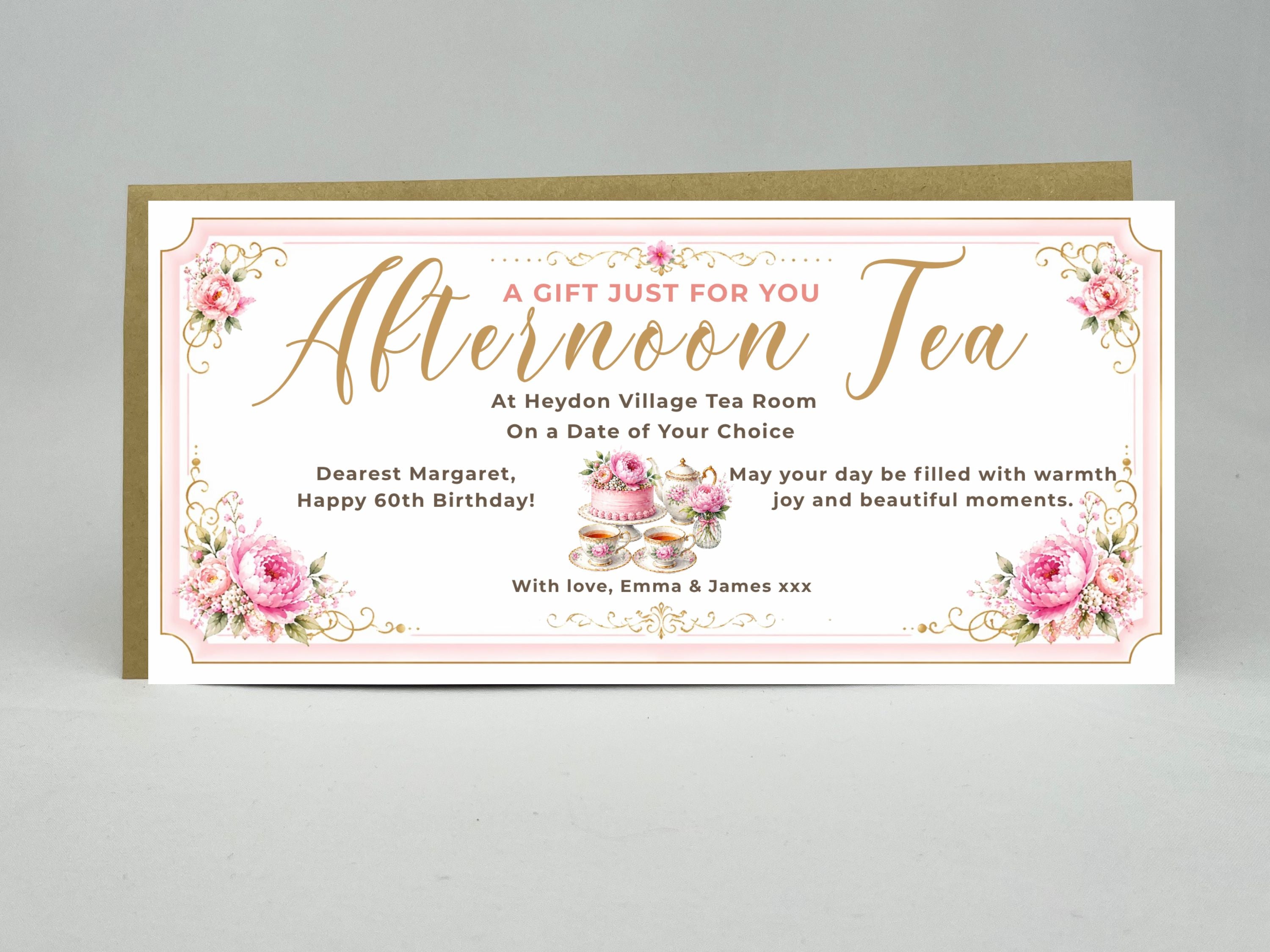 Personalised Afternoon Tea Gift Voucher Card – Elegant Floral Vintage Design