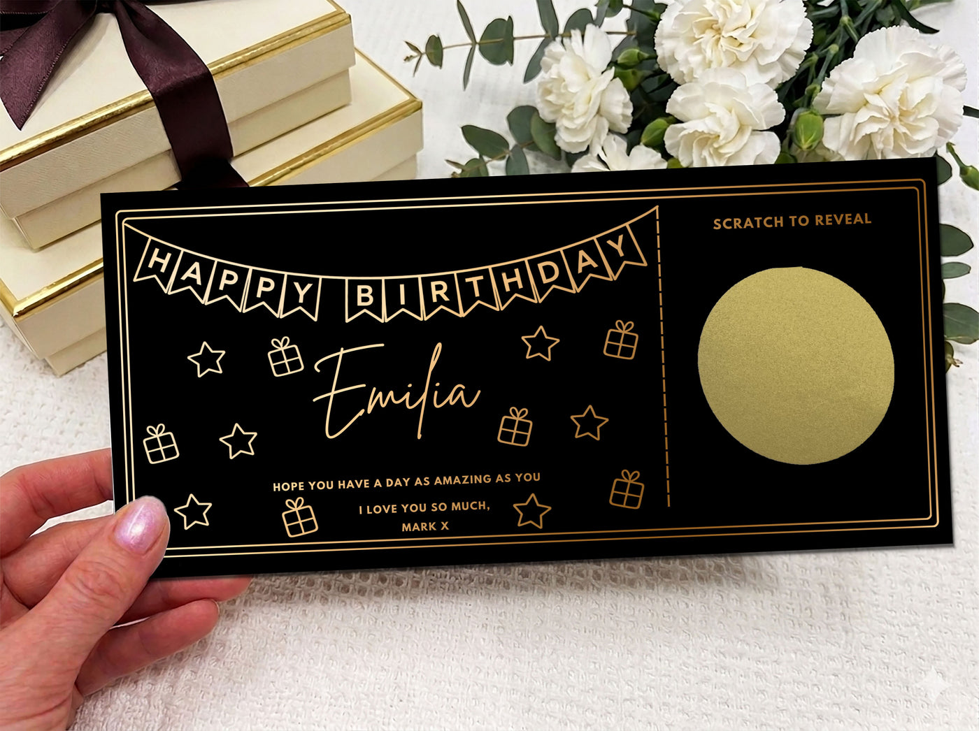 Personalised Gold Foil Bunting Birthday Scratch Reveal Card