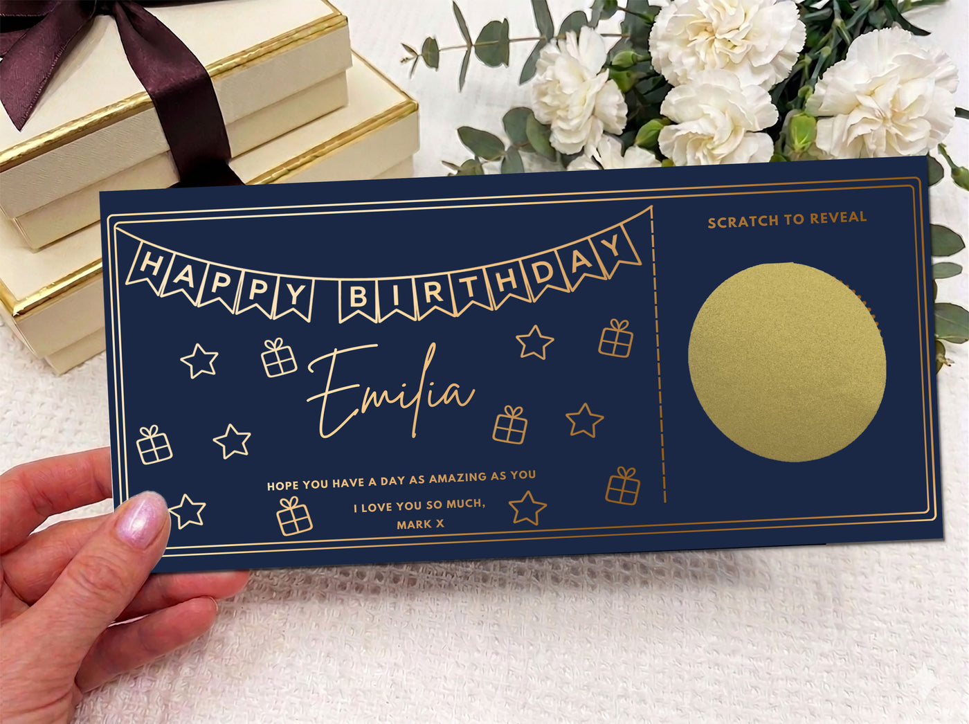 Personalised Gold Foil Bunting Birthday Scratch Reveal Card