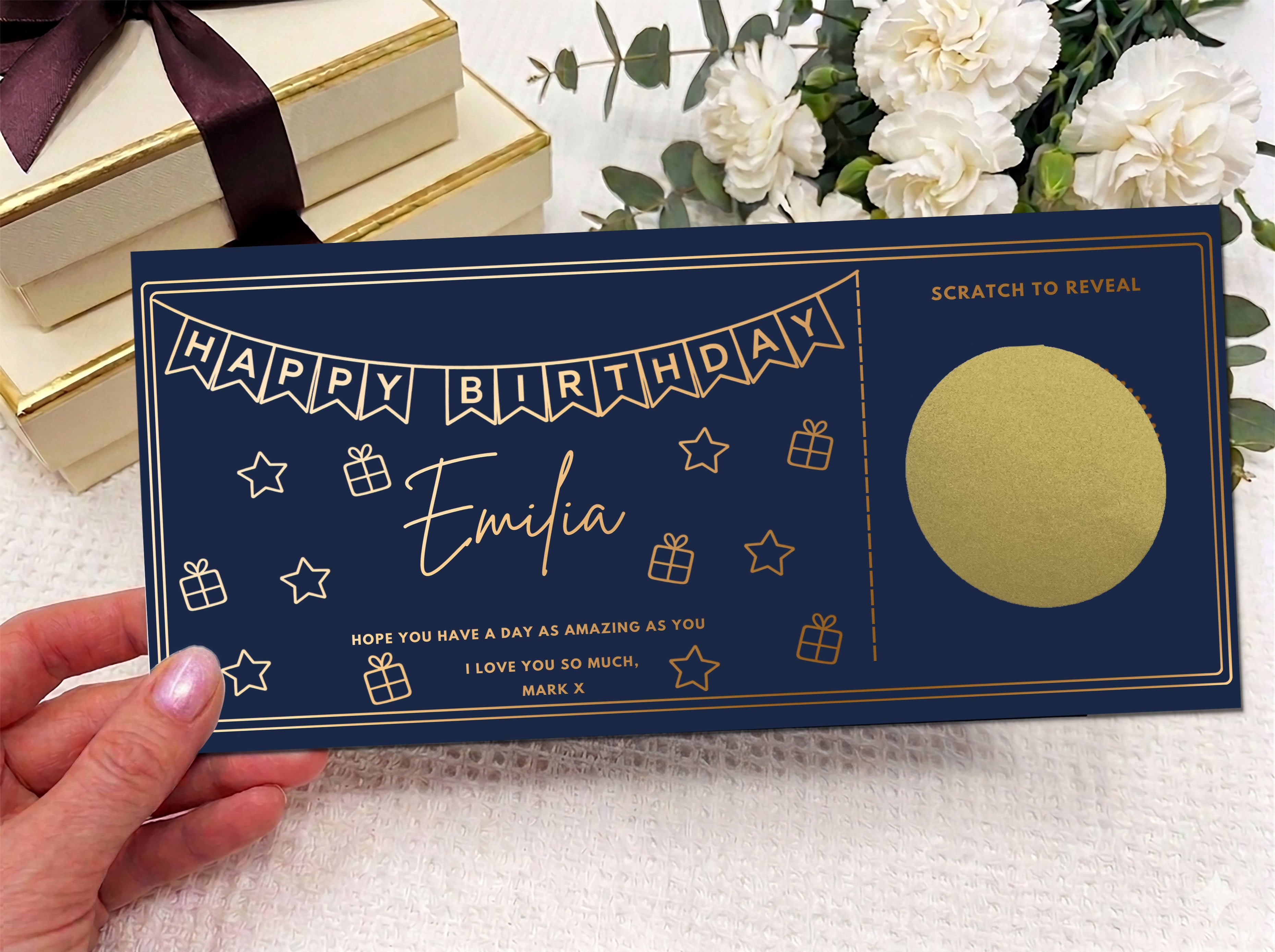 Personalised Gold Foil Bunting Birthday Scratch Reveal Card