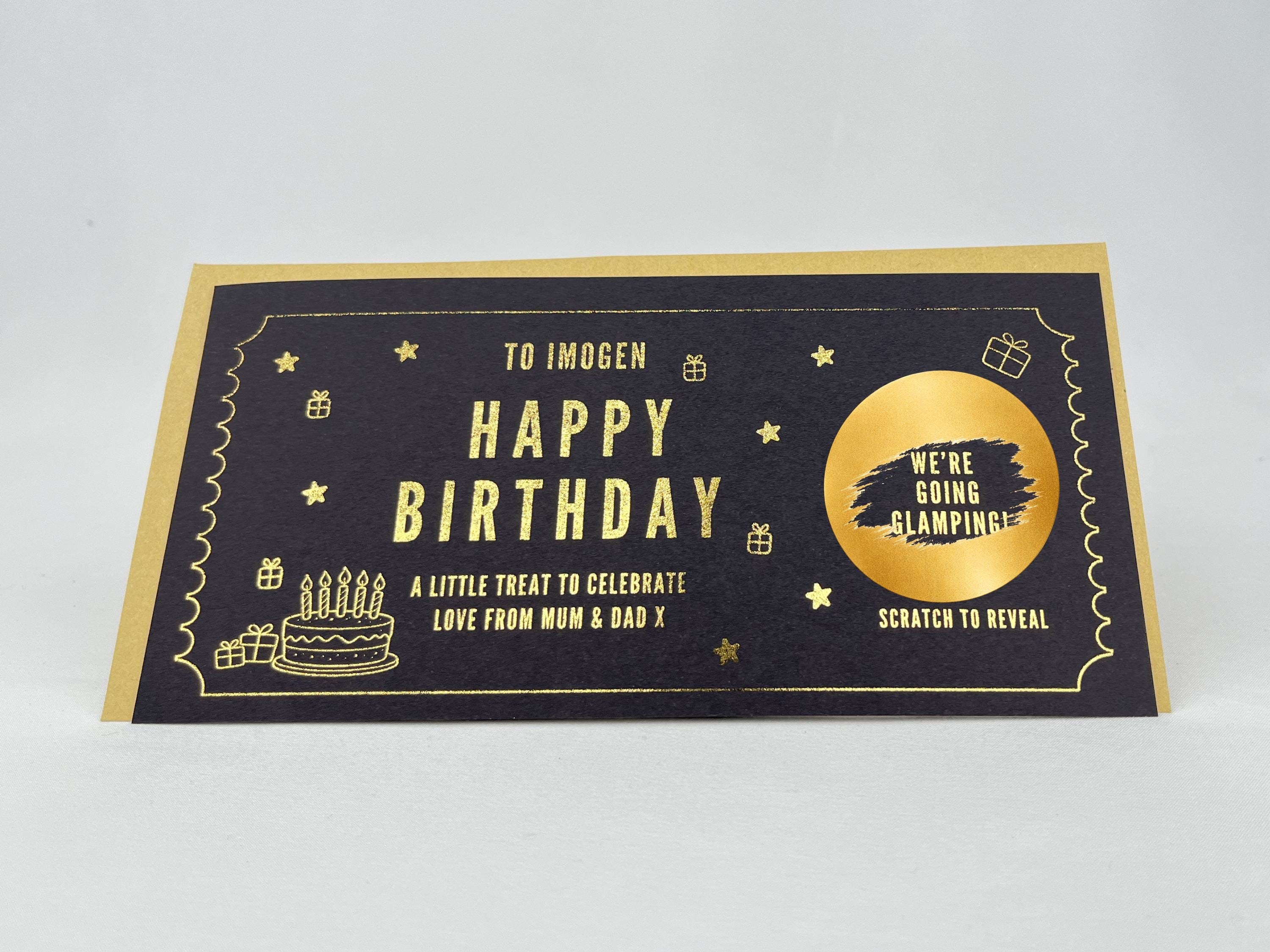 Personalised Gold Foil Birthday Cake Scratch Reveal Ticket