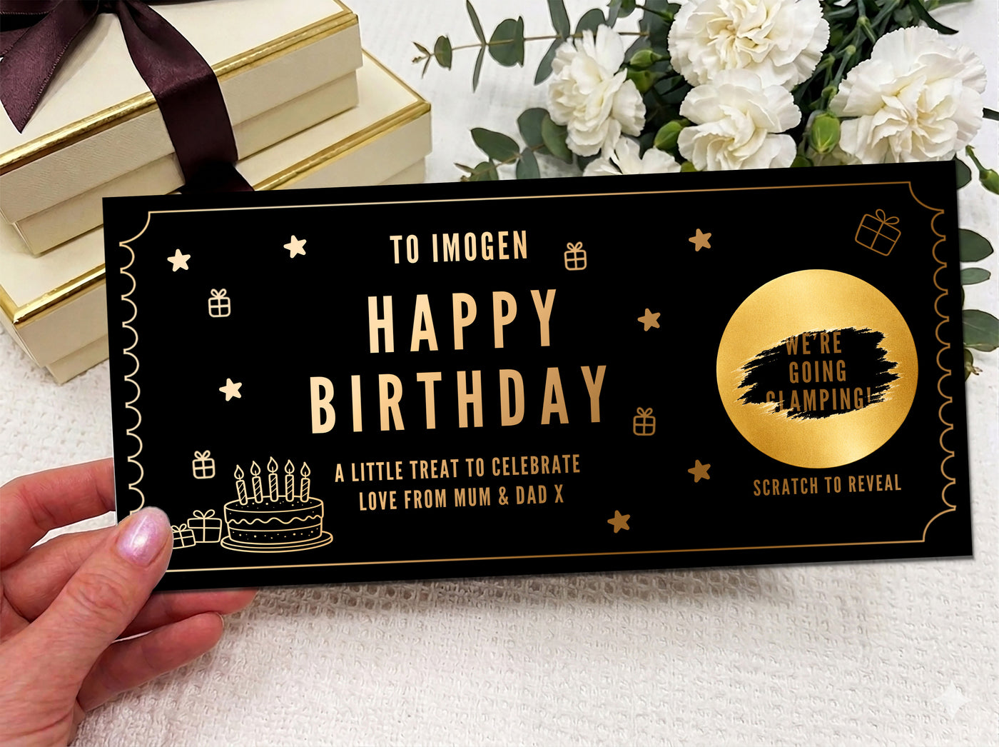 Personalised Gold Foil Birthday Cake Scratch Reveal Ticket