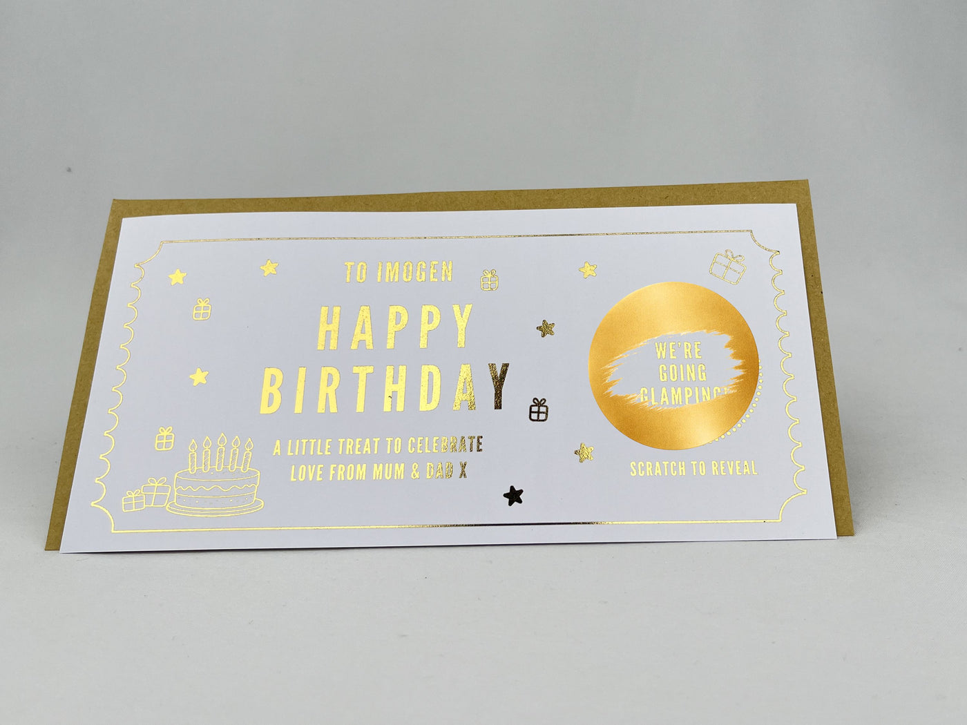 Personalised Gold Foil Birthday Cake Scratch Reveal Ticket