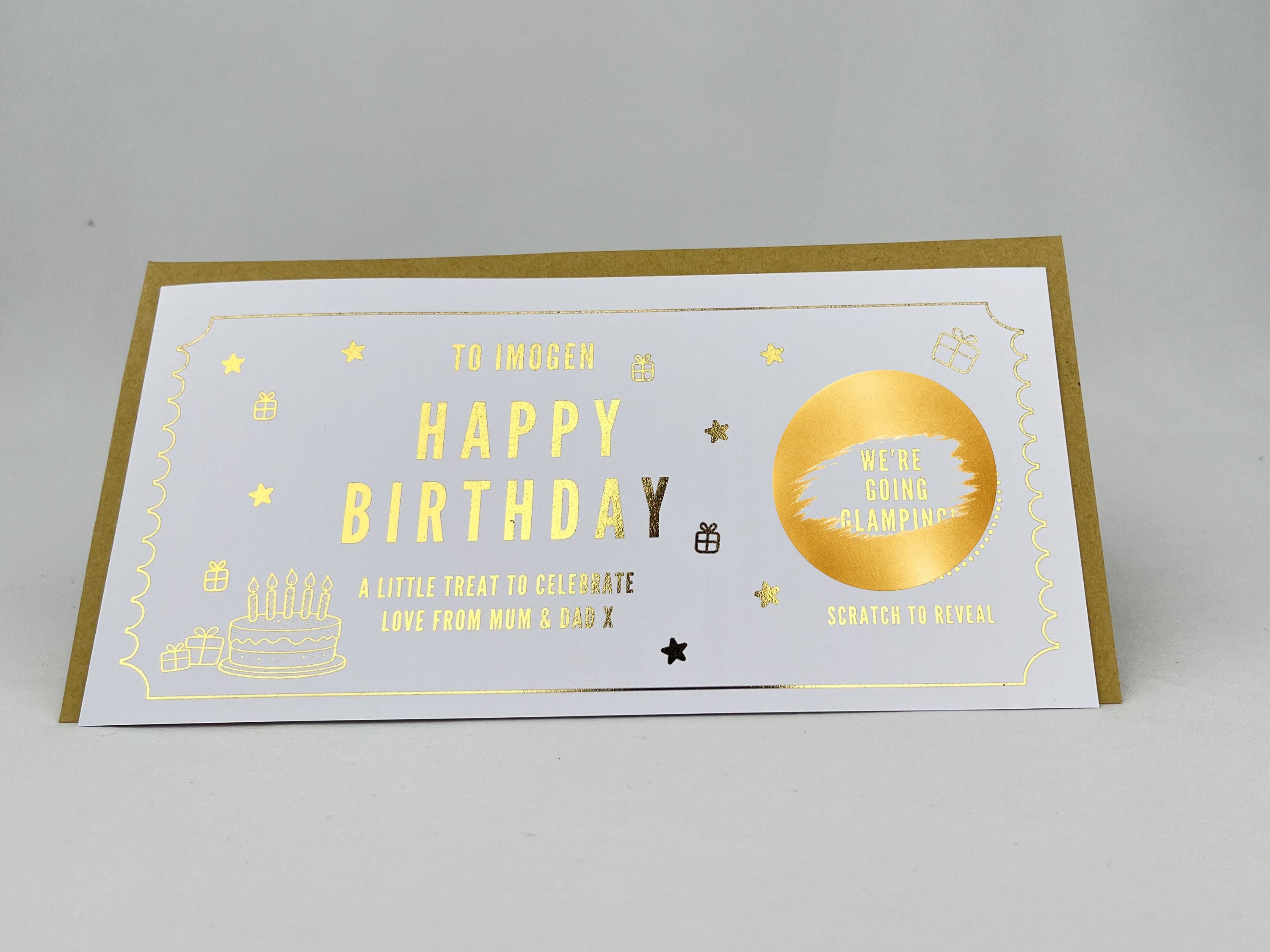 Personalised Gold Foil Birthday Cake Scratch Reveal Ticket