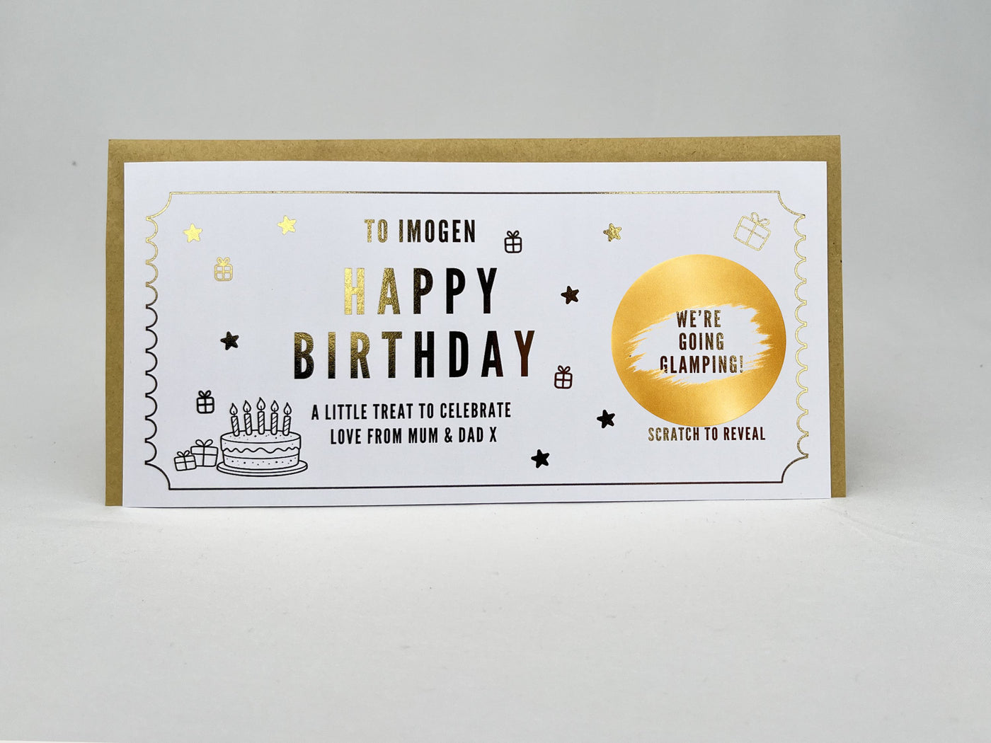 Personalised Gold Foil Birthday Cake Scratch Reveal Ticket