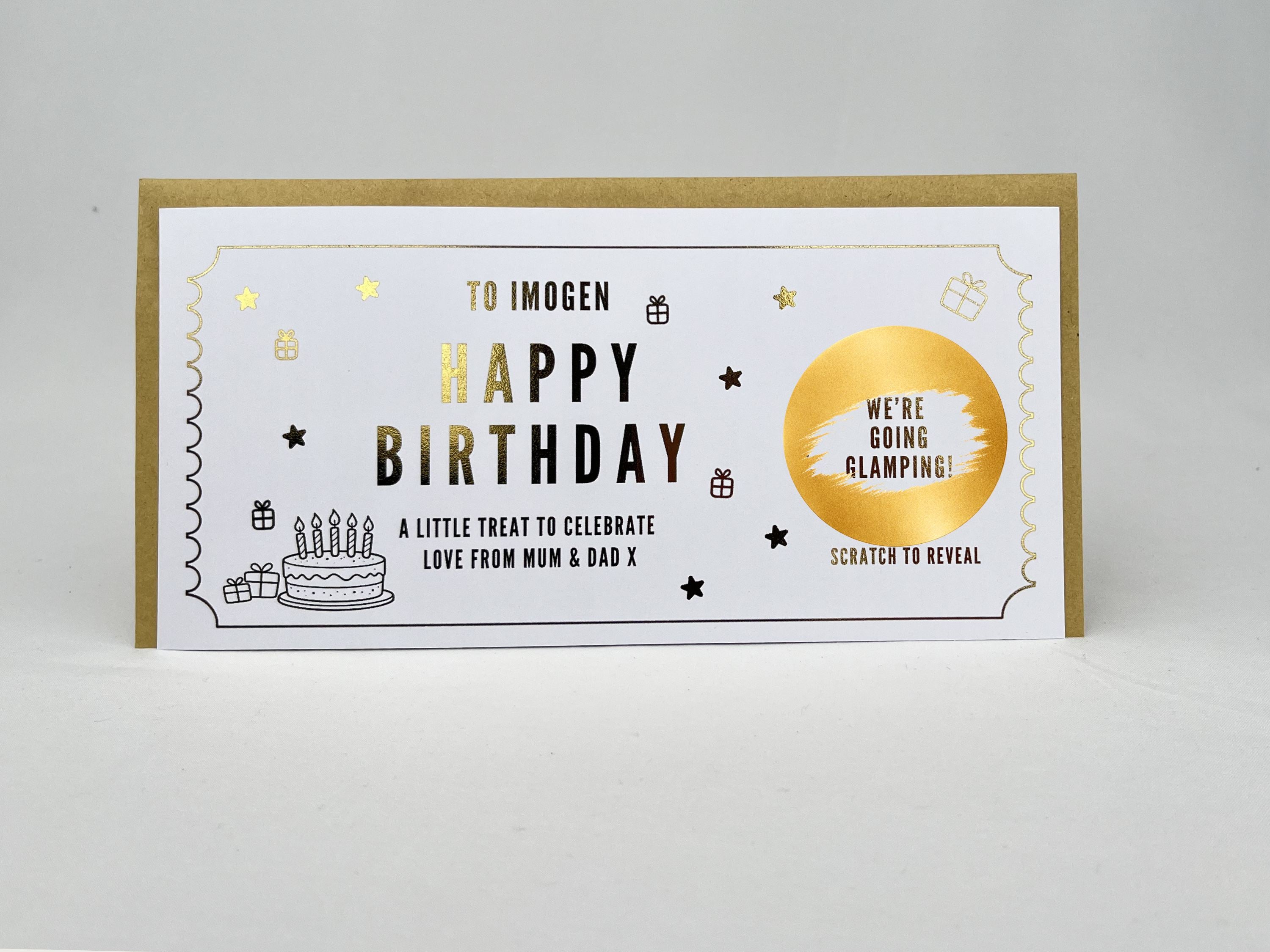 Personalised Gold Foil Birthday Cake Scratch Reveal Ticket