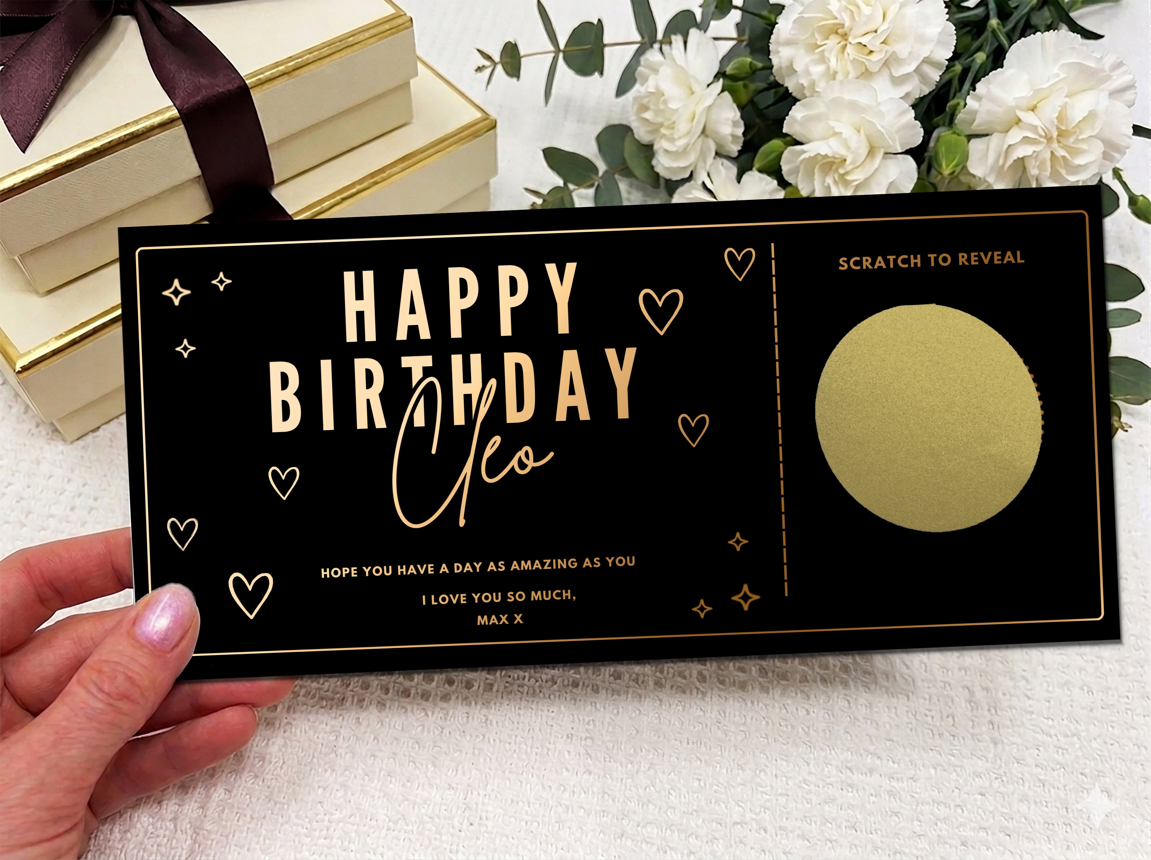 Personalised Gold Foil Hearts Scratch Reveal Card - Birthday & Any Occasion