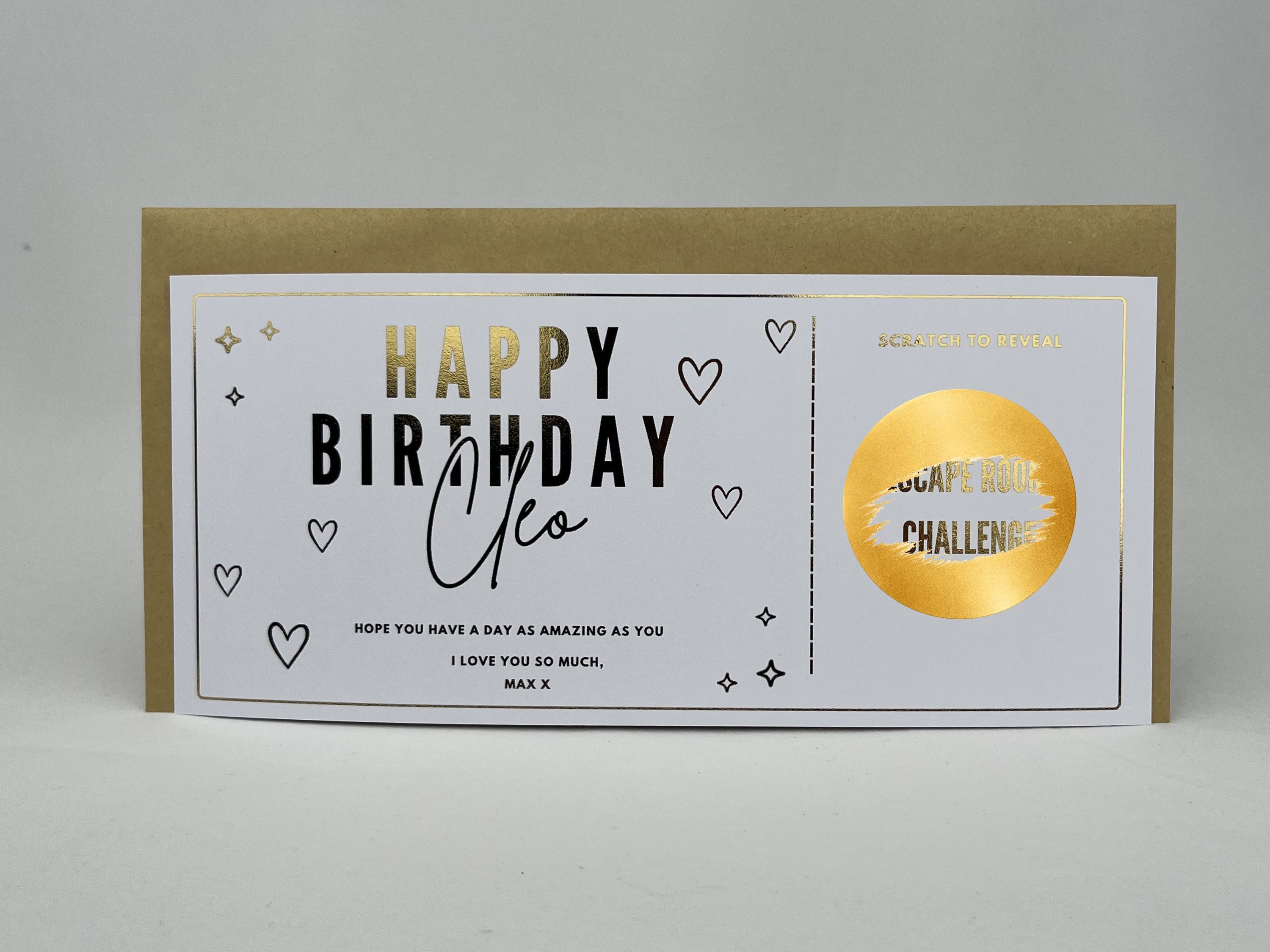 Personalised Gold Foil Hearts Scratch Reveal Card - Birthday & Any Occasion