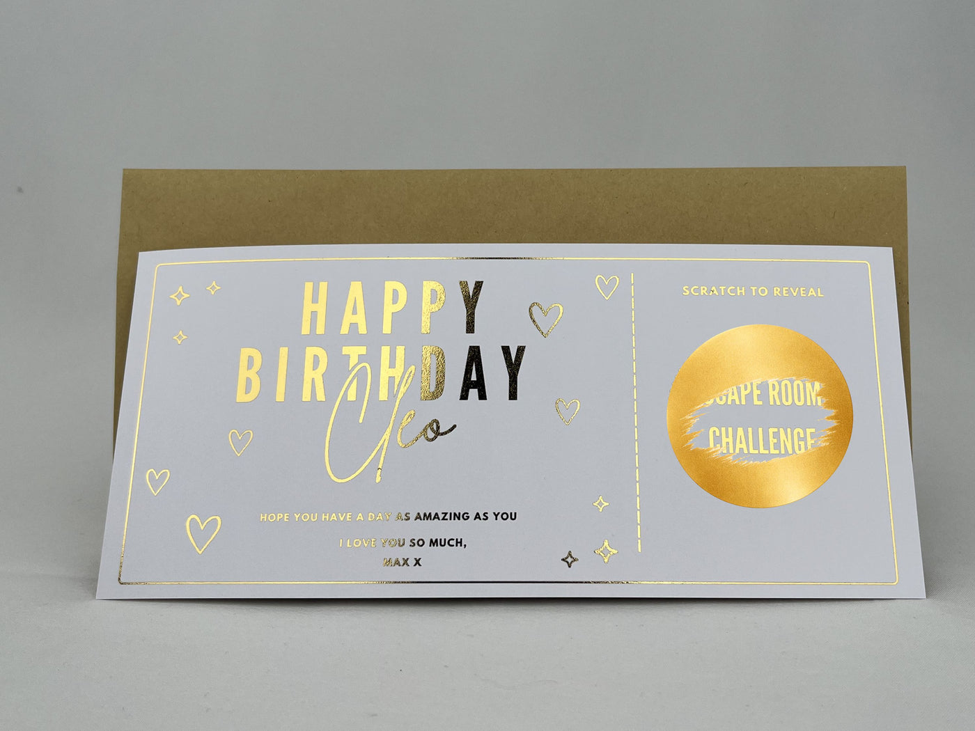 Personalised Gold Foil Hearts Scratch Reveal Card - Birthday & Any Occasion