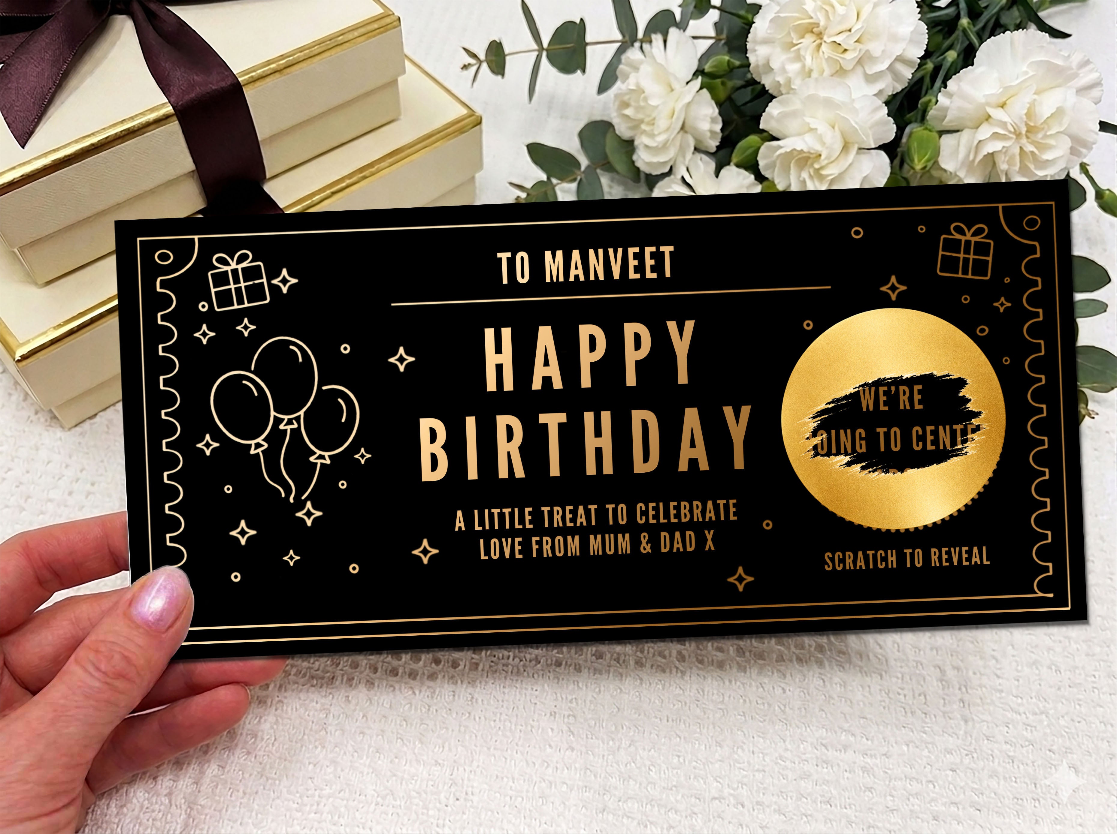 Personalised Gold Foil Balloons Scratch Reveal Ticket