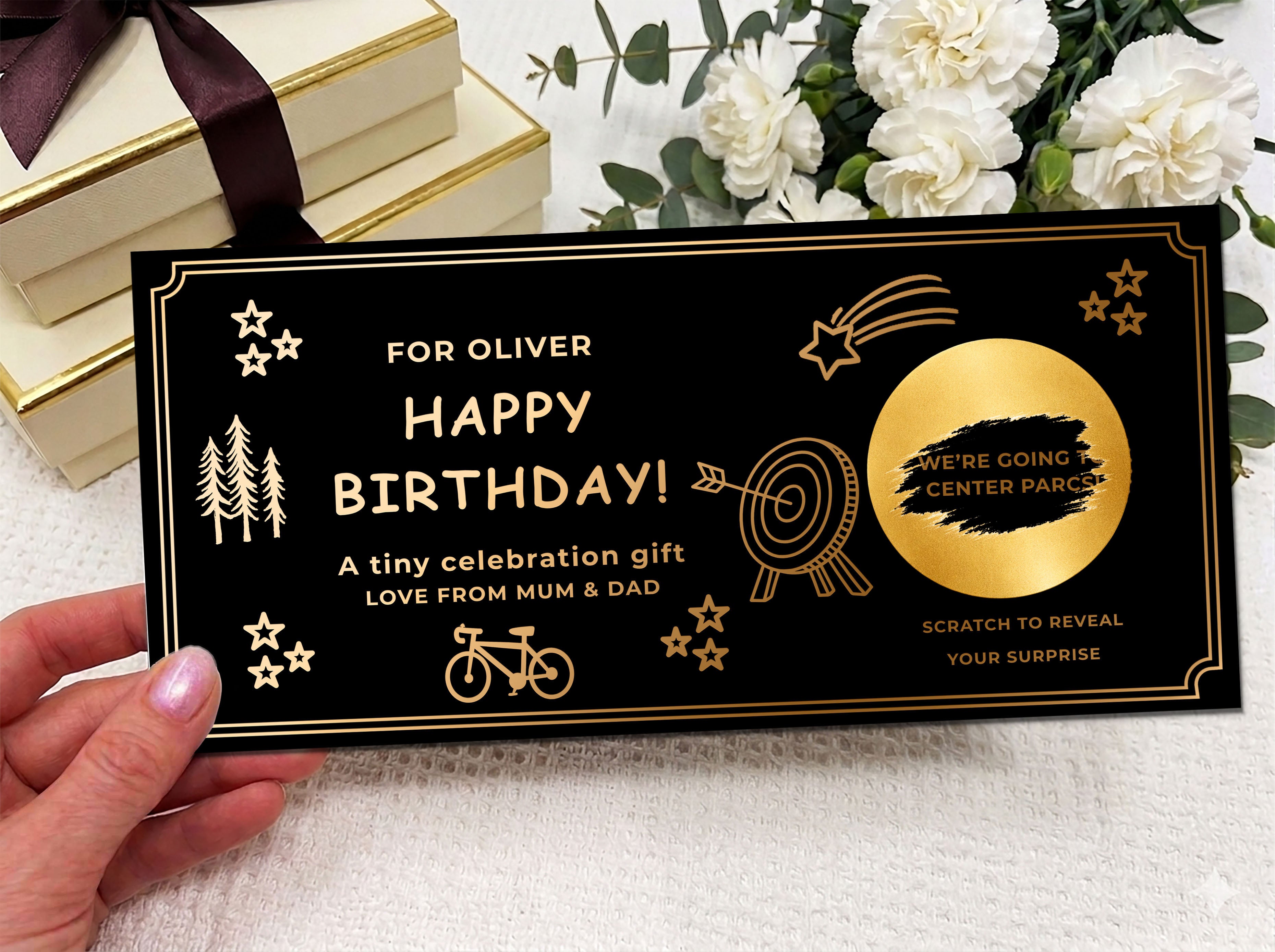 Luxury Personalised Scratch Off Birthday Card | Custom Gold Foil Surprise Reveal Voucher | Elegant Gift Experience Ticket