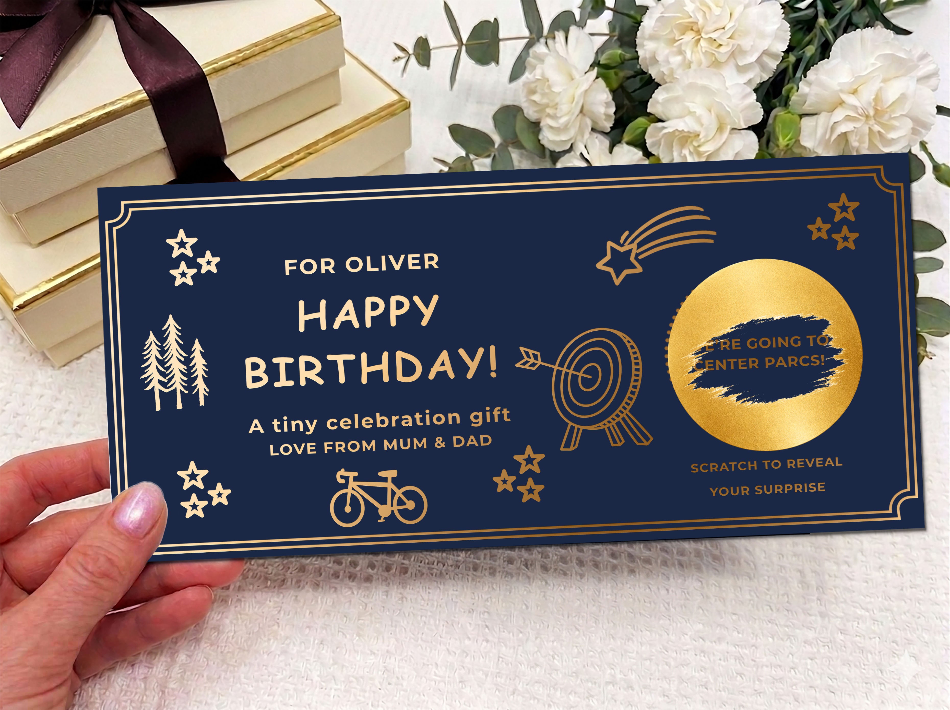 Luxury Personalised Scratch Off Birthday Card | Custom Gold Foil Surprise Reveal Voucher | Elegant Gift Experience Ticket