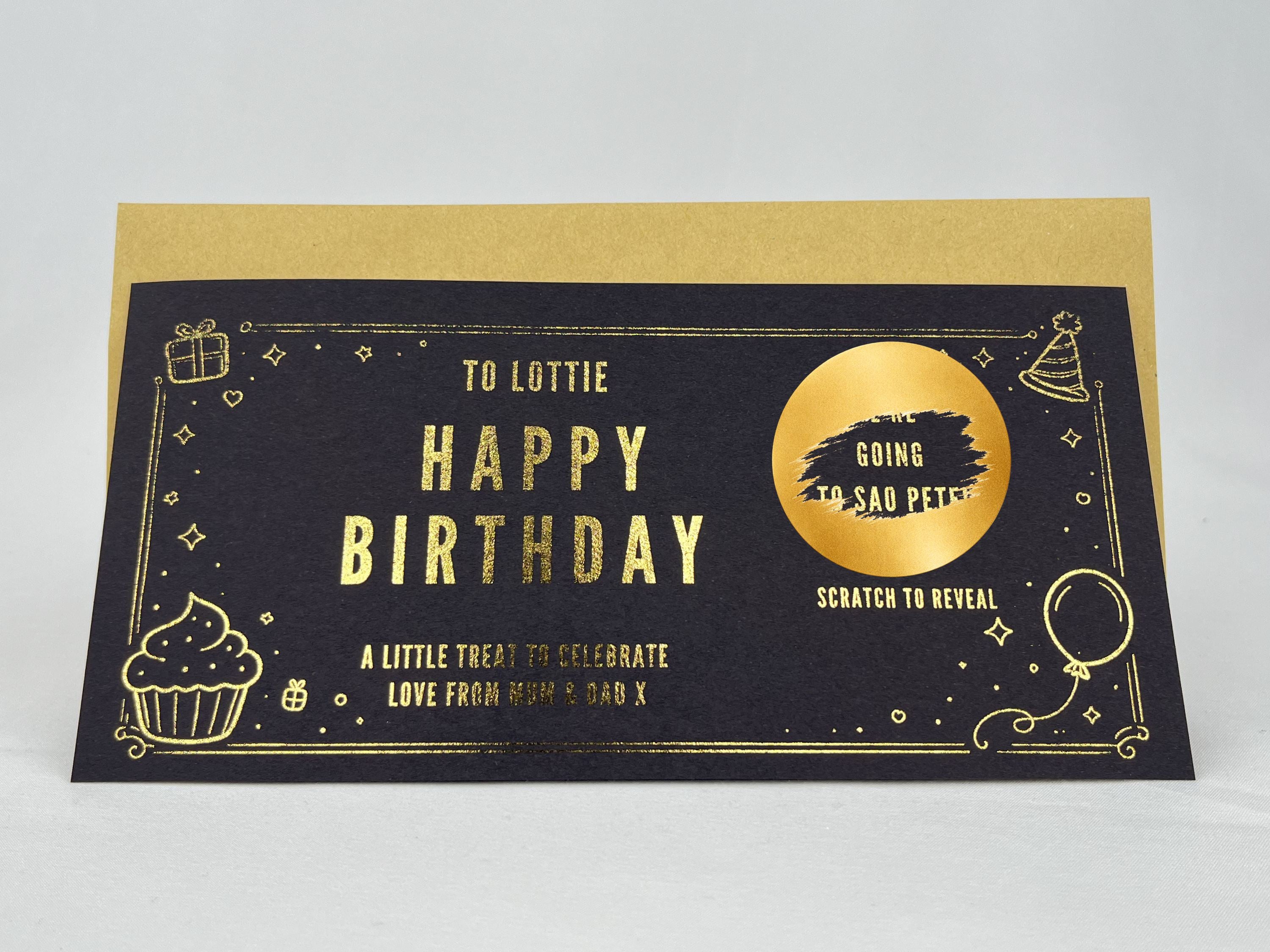 Personalised Gold Birthday Surprise Gift Voucher Scratch Card