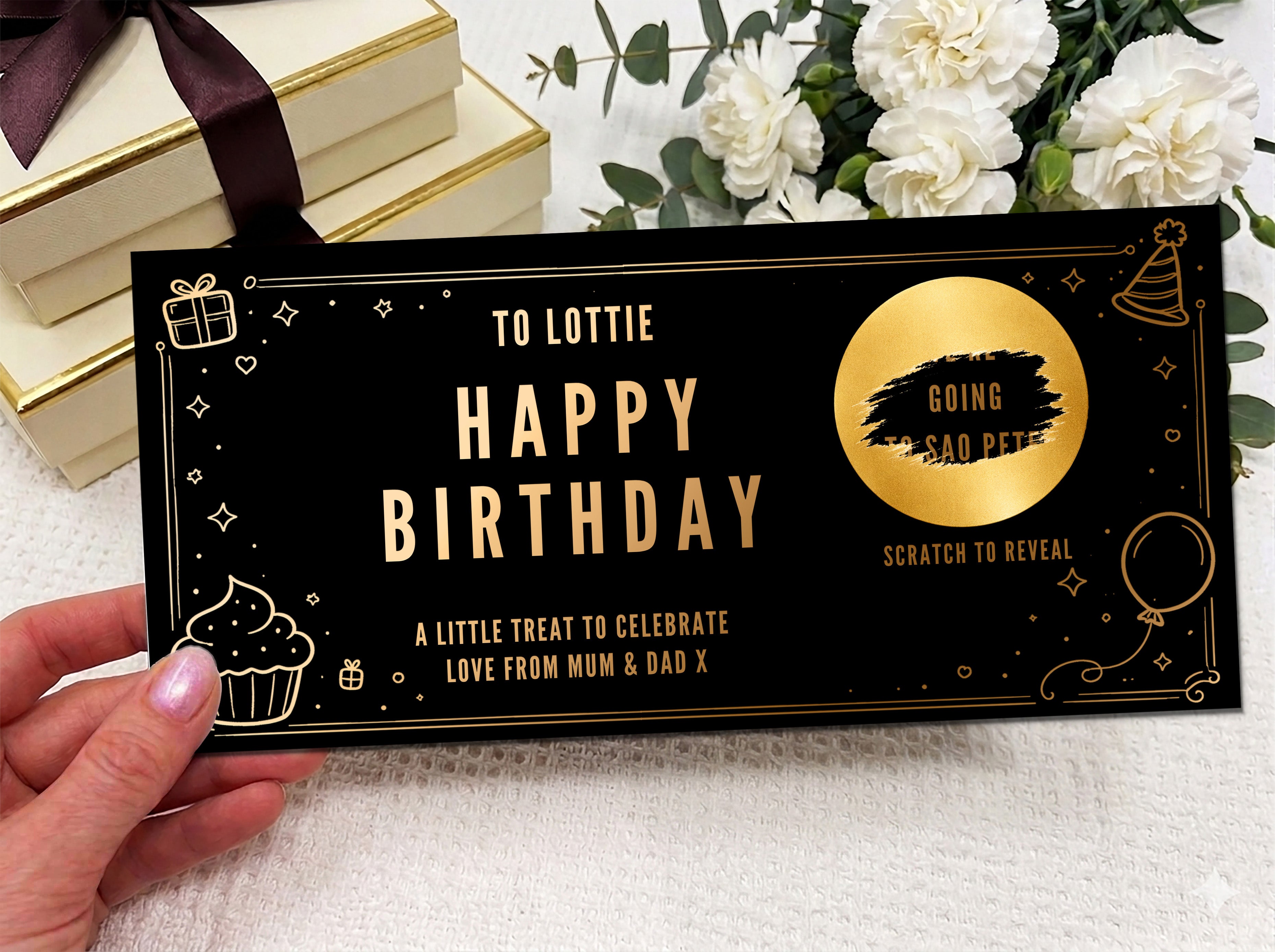 Personalised Gold Birthday Surprise Gift Voucher Scratch Card