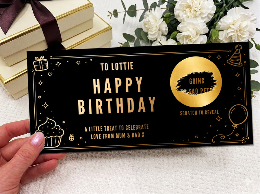 Personalised Gold Birthday Surprise Gift Voucher Scratch Card