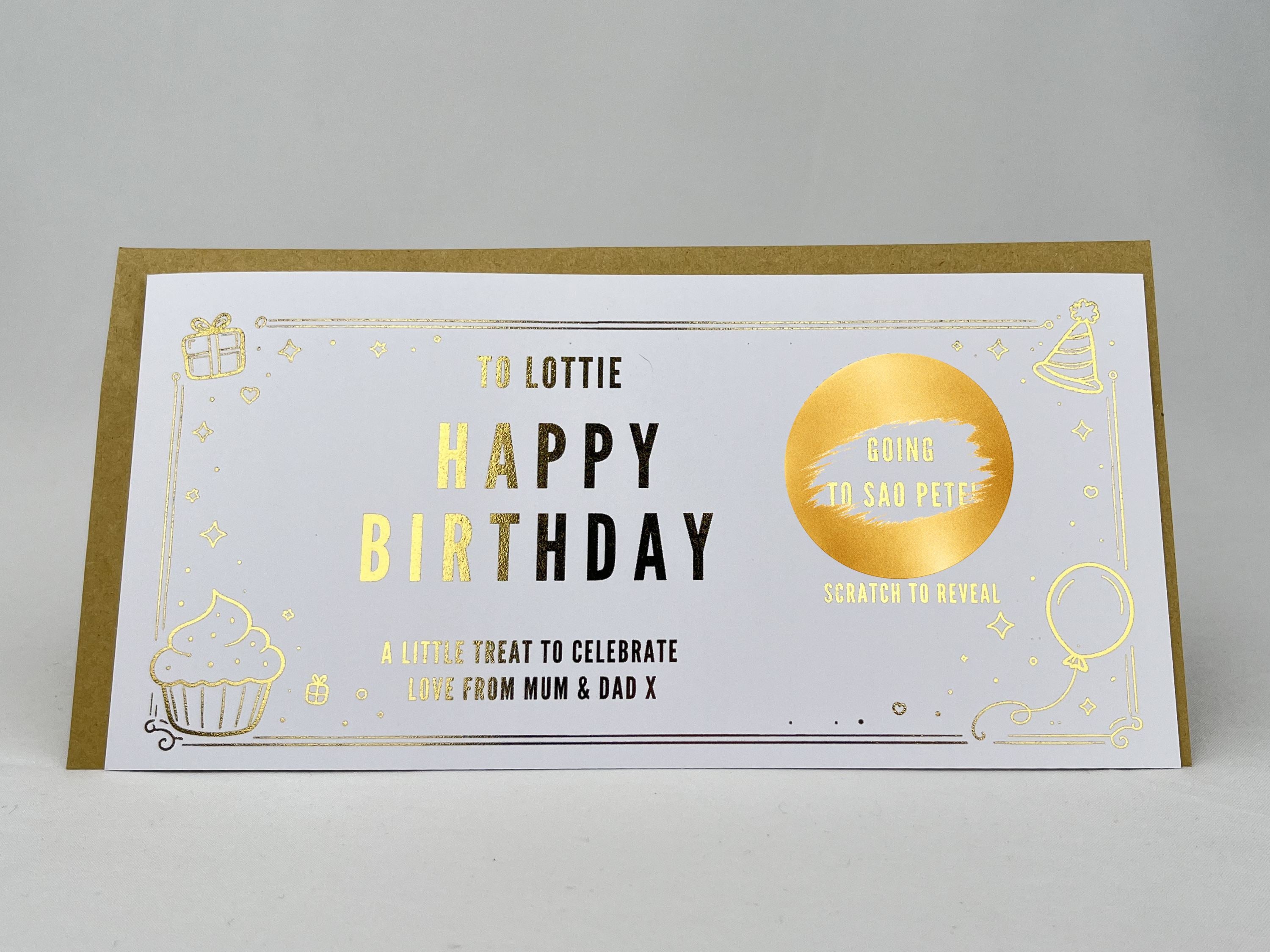 Personalised Gold Birthday Surprise Gift Voucher Scratch Card