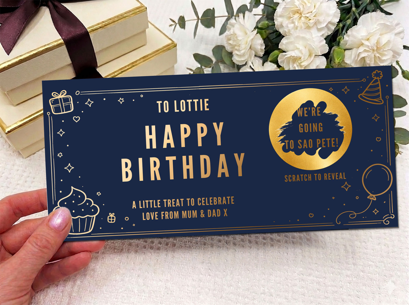 Personalised Gold Birthday Surprise Gift Voucher Scratch Card