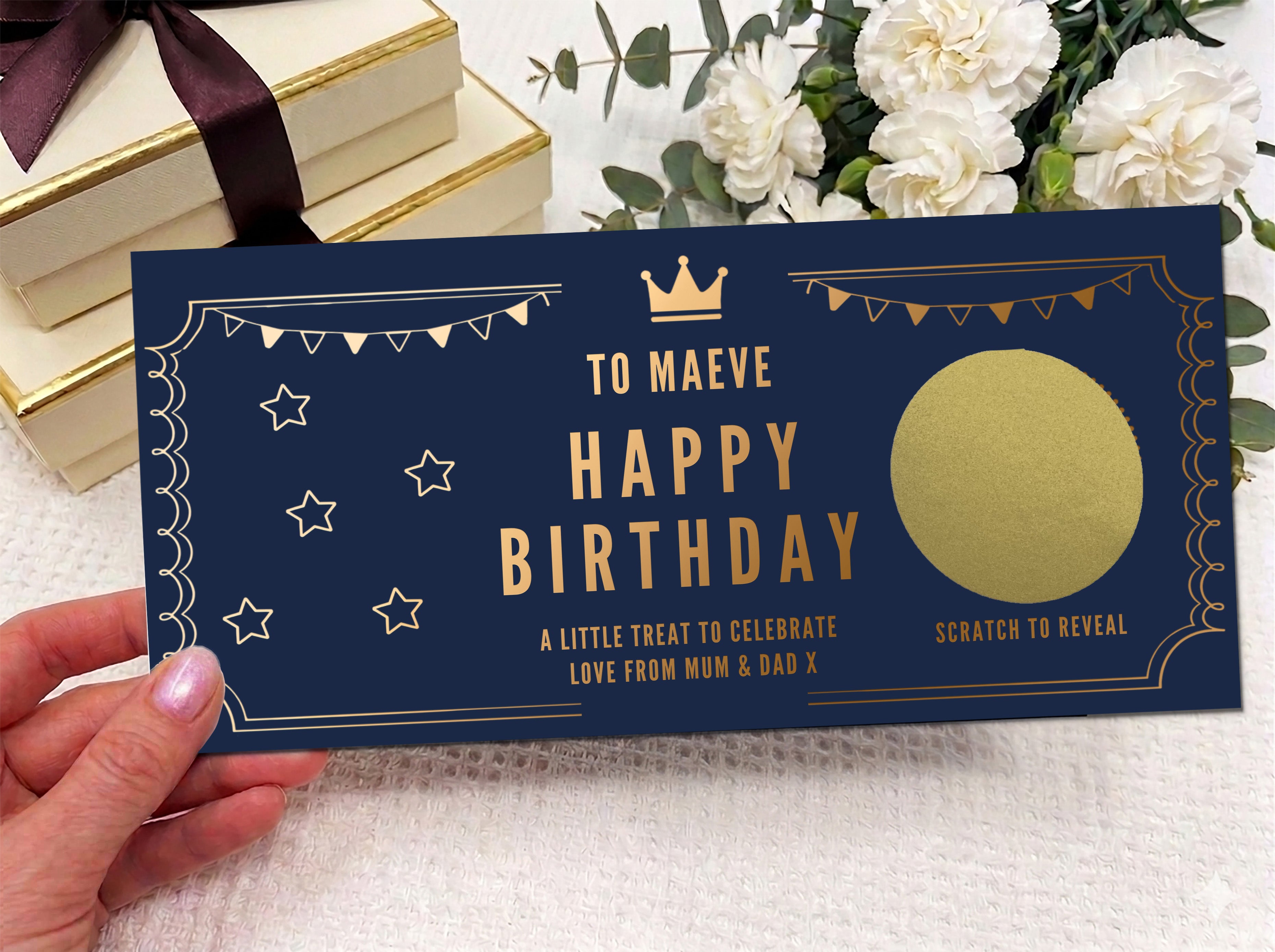 Personalised Gold Crown Birthday Scratch Reveal Gift Voucher