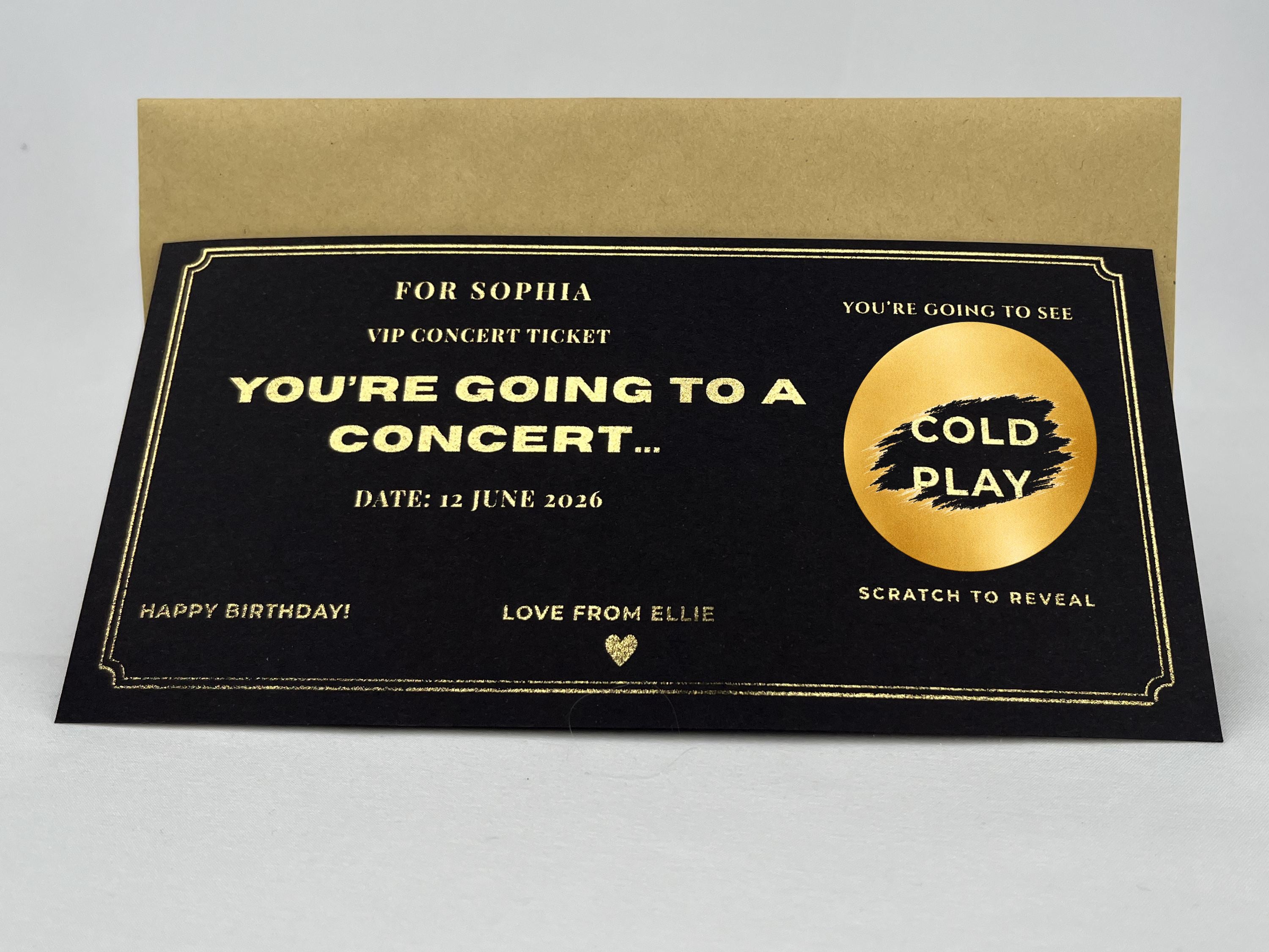 Personalised Gold VIP Event Concert Scratch Reveal Ticket