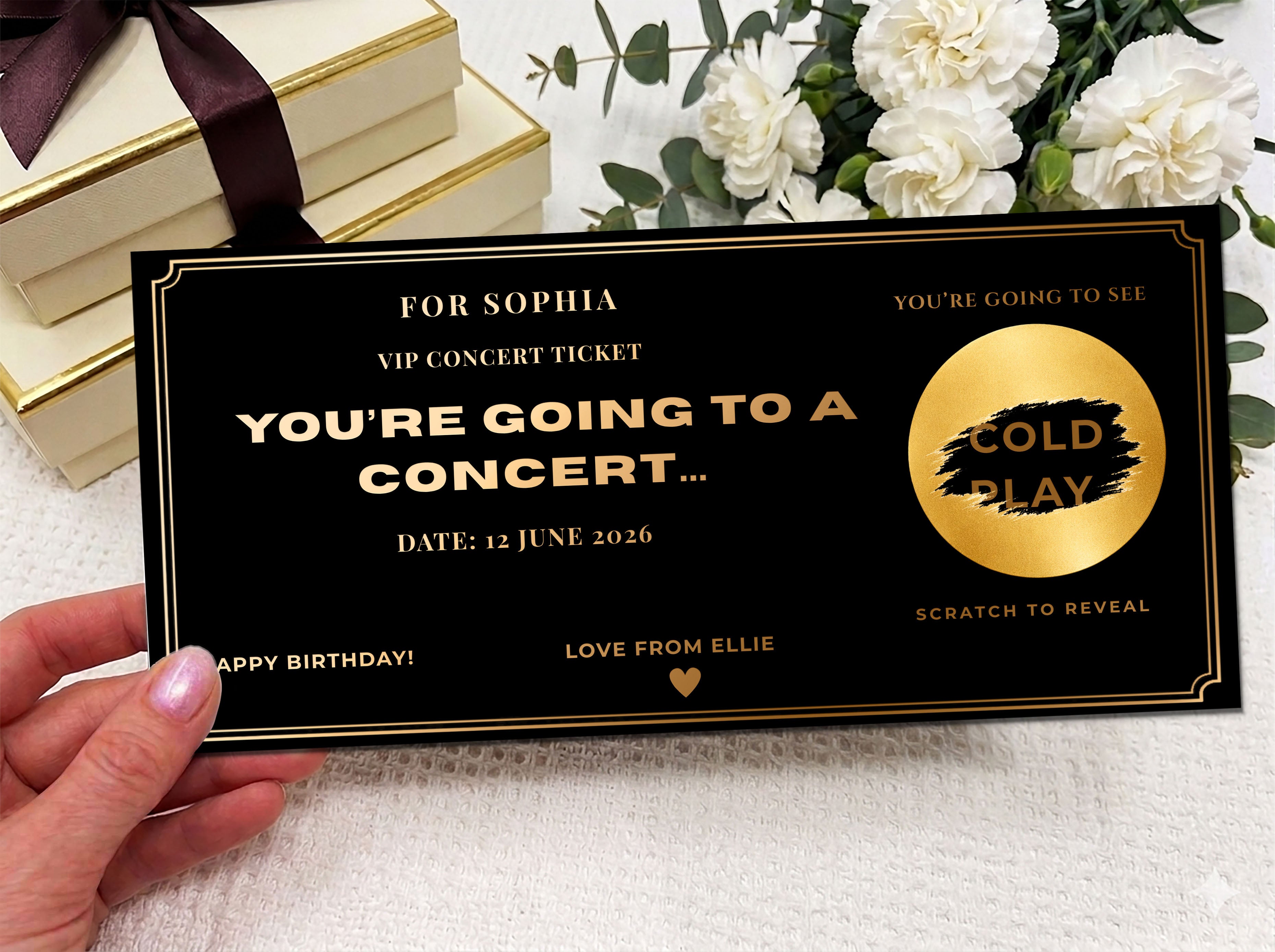 Personalised Gold VIP Event Concert Scratch Reveal Ticket