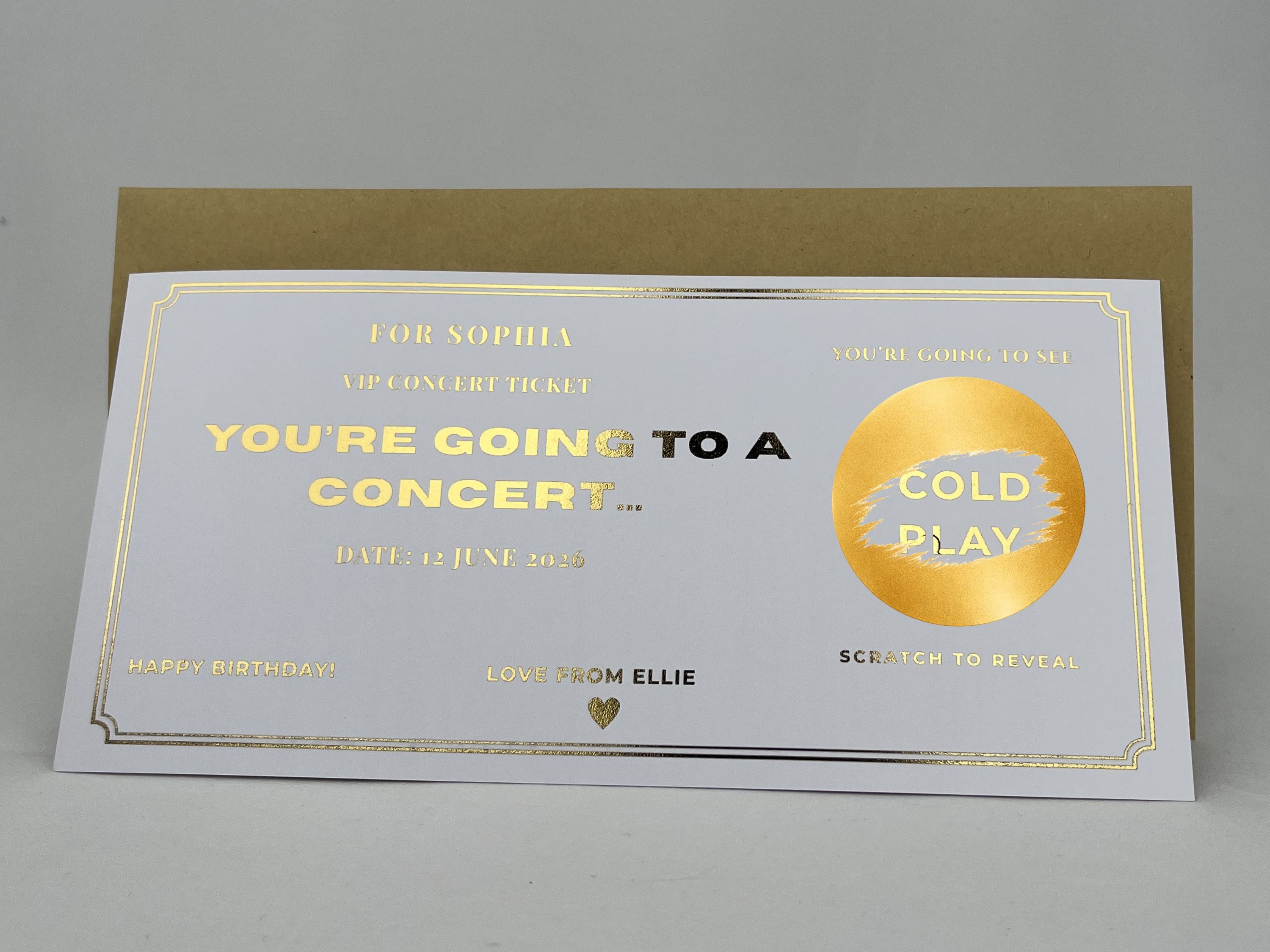 Personalised Gold VIP Event Concert Scratch Reveal Ticket