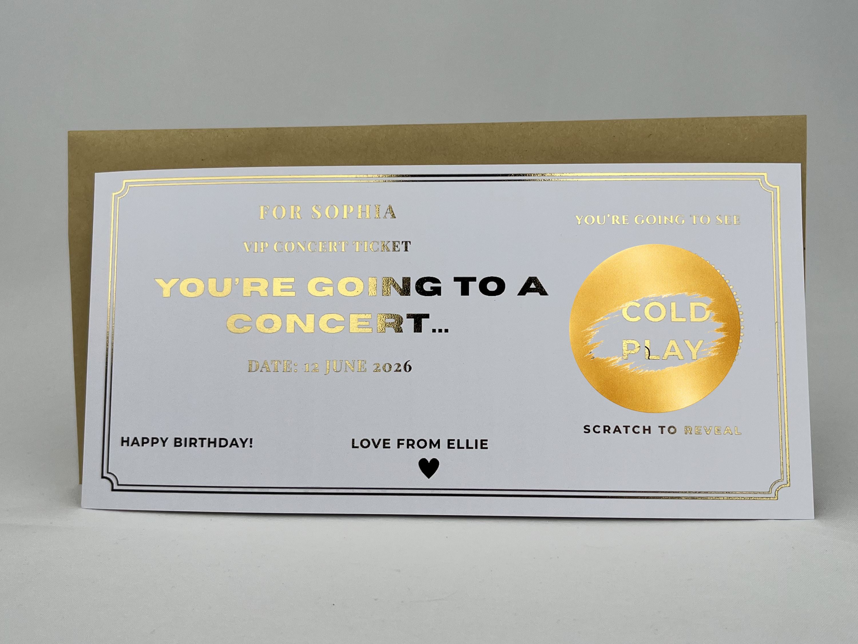 Personalised Gold VIP Event Concert Scratch Reveal Ticket