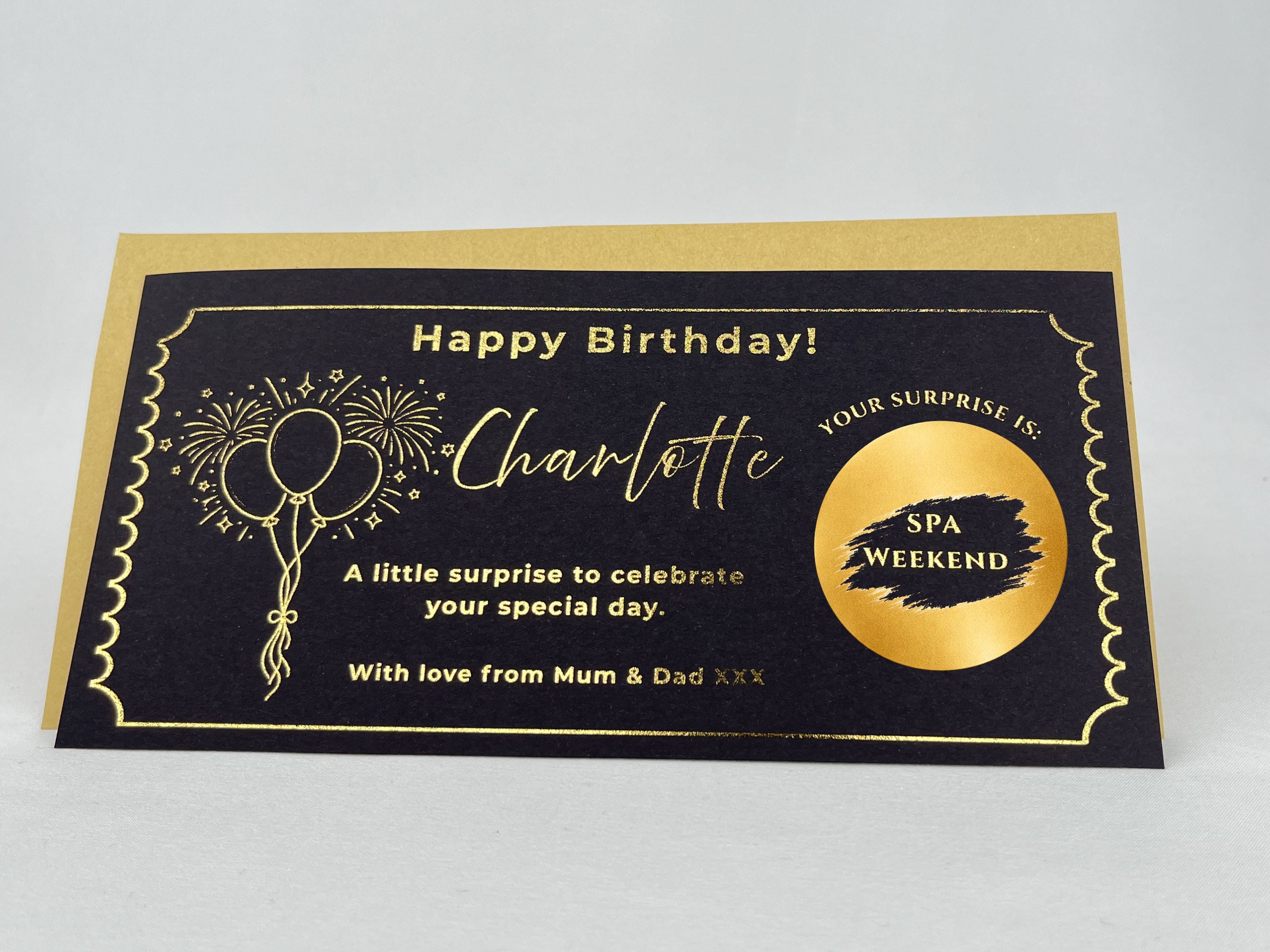 Personalised Gold Fireworks and Balloons Birthday Scratch Reveal Voucher
