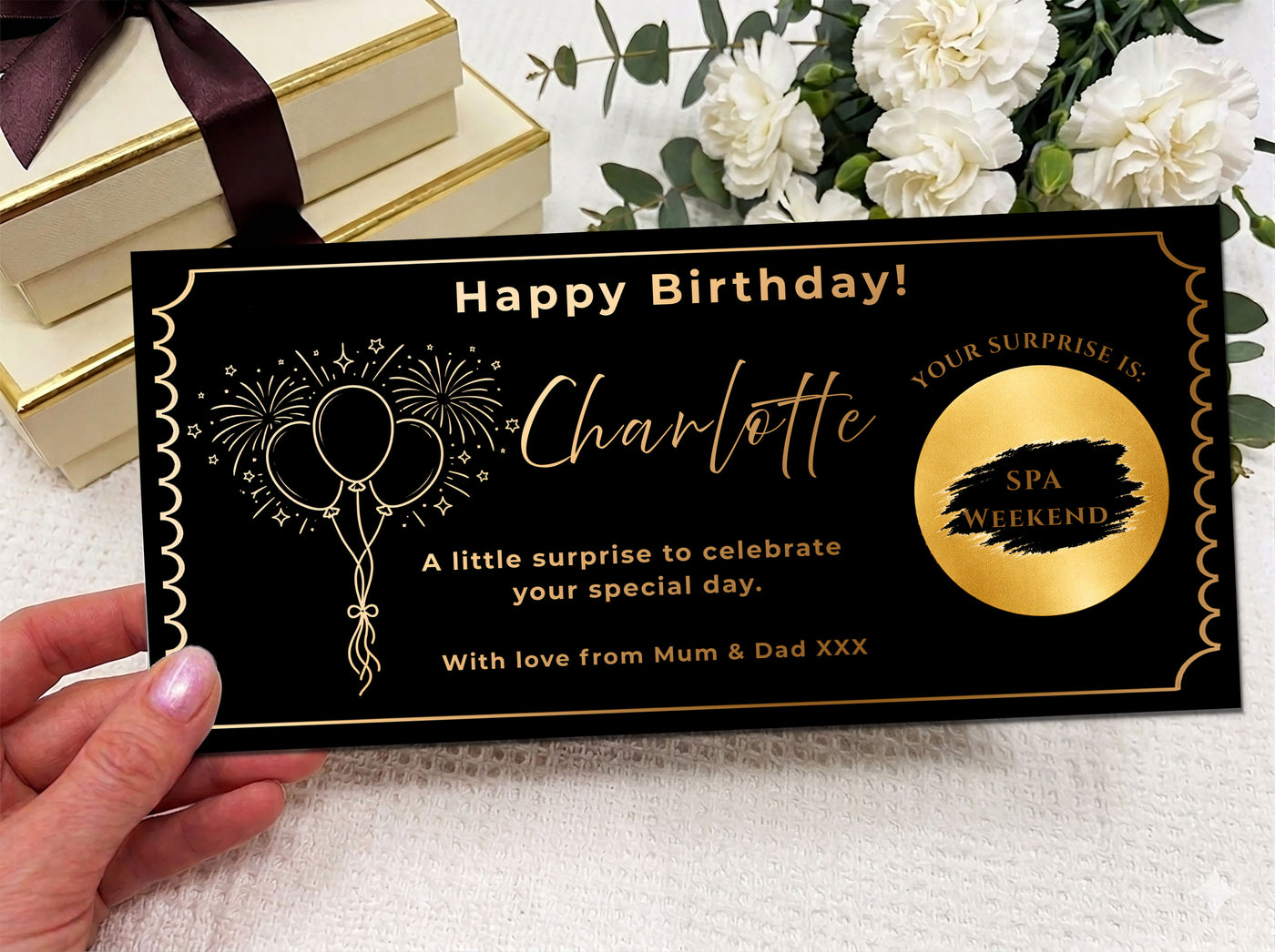 Personalised Gold Fireworks and Balloons Birthday Scratch Reveal Voucher
