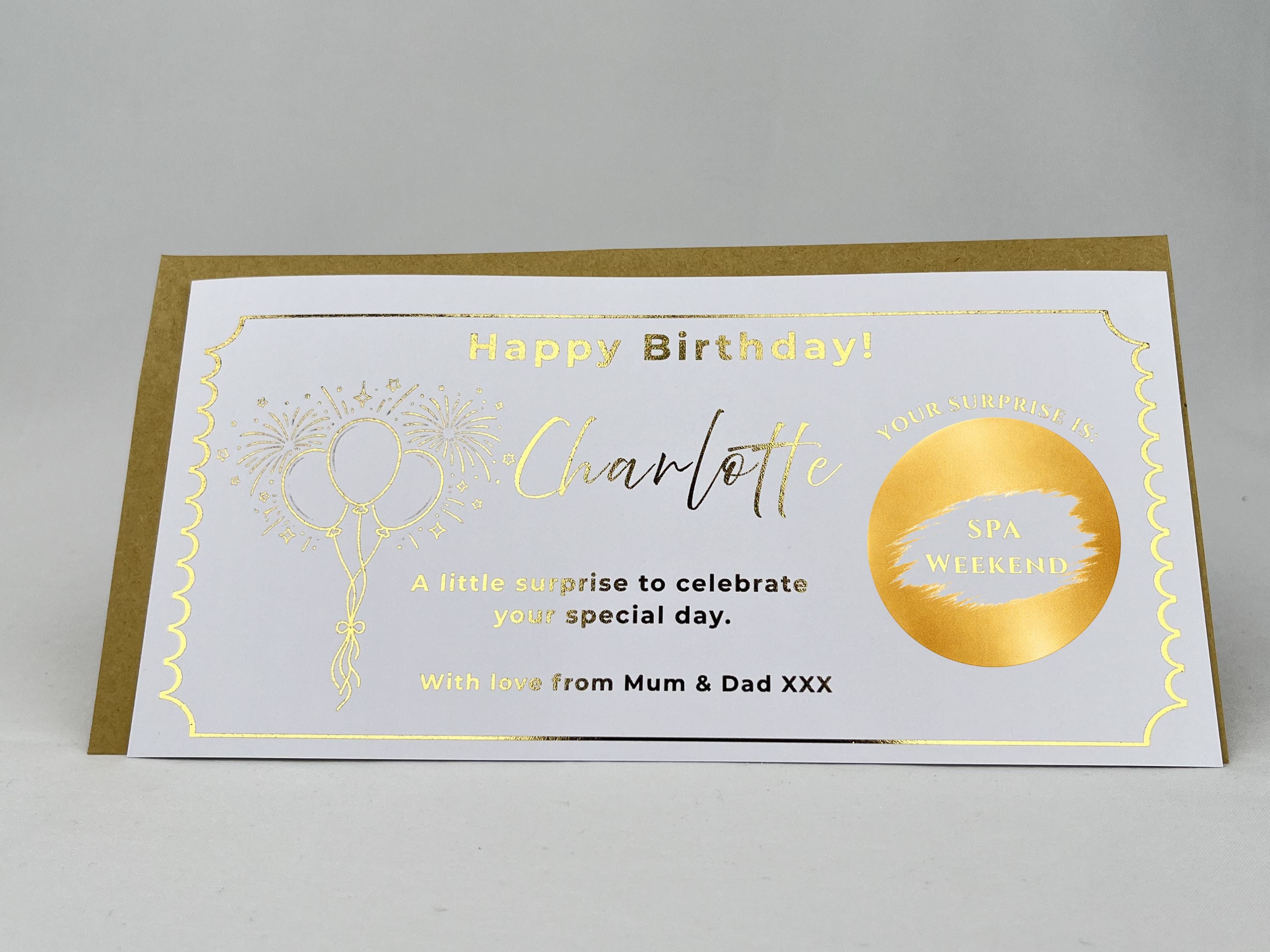 Personalised Gold Fireworks and Balloons Birthday Scratch Reveal Voucher