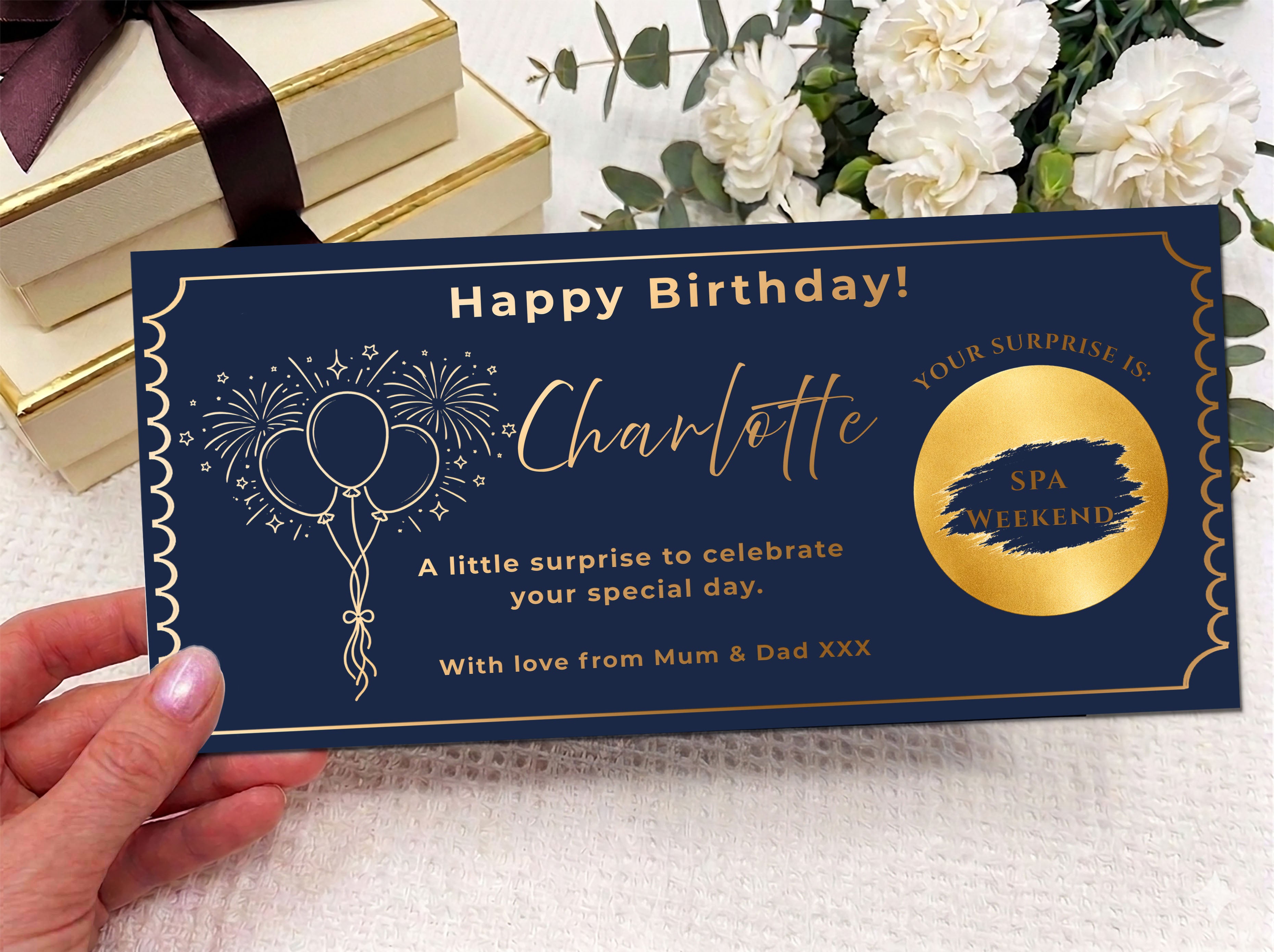 Personalised Gold Fireworks and Balloons Birthday Scratch Reveal Voucher