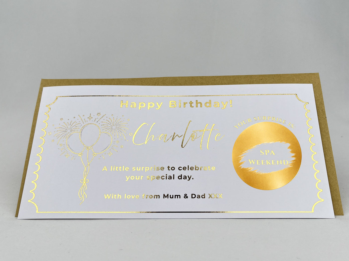 Personalised Gold Fireworks and Balloons Birthday Scratch Reveal Voucher