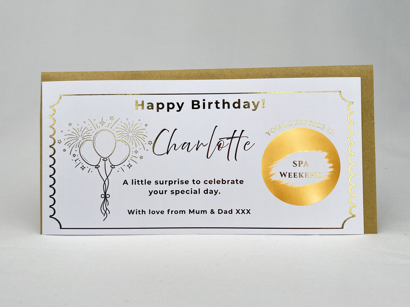 Personalised Gold Fireworks and Balloons Birthday Scratch Reveal Voucher