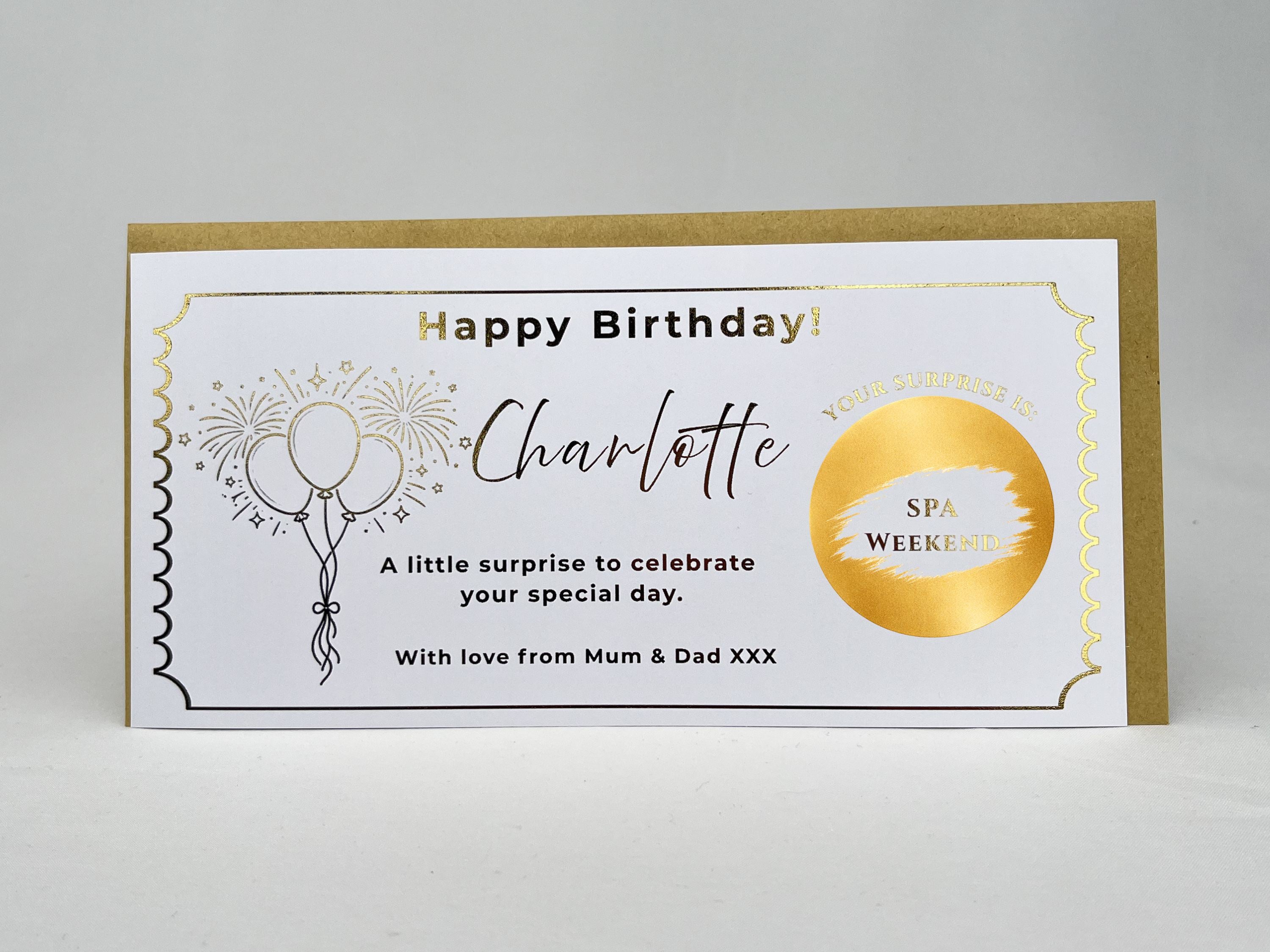 Personalised Gold Fireworks and Balloons Birthday Scratch Reveal Voucher