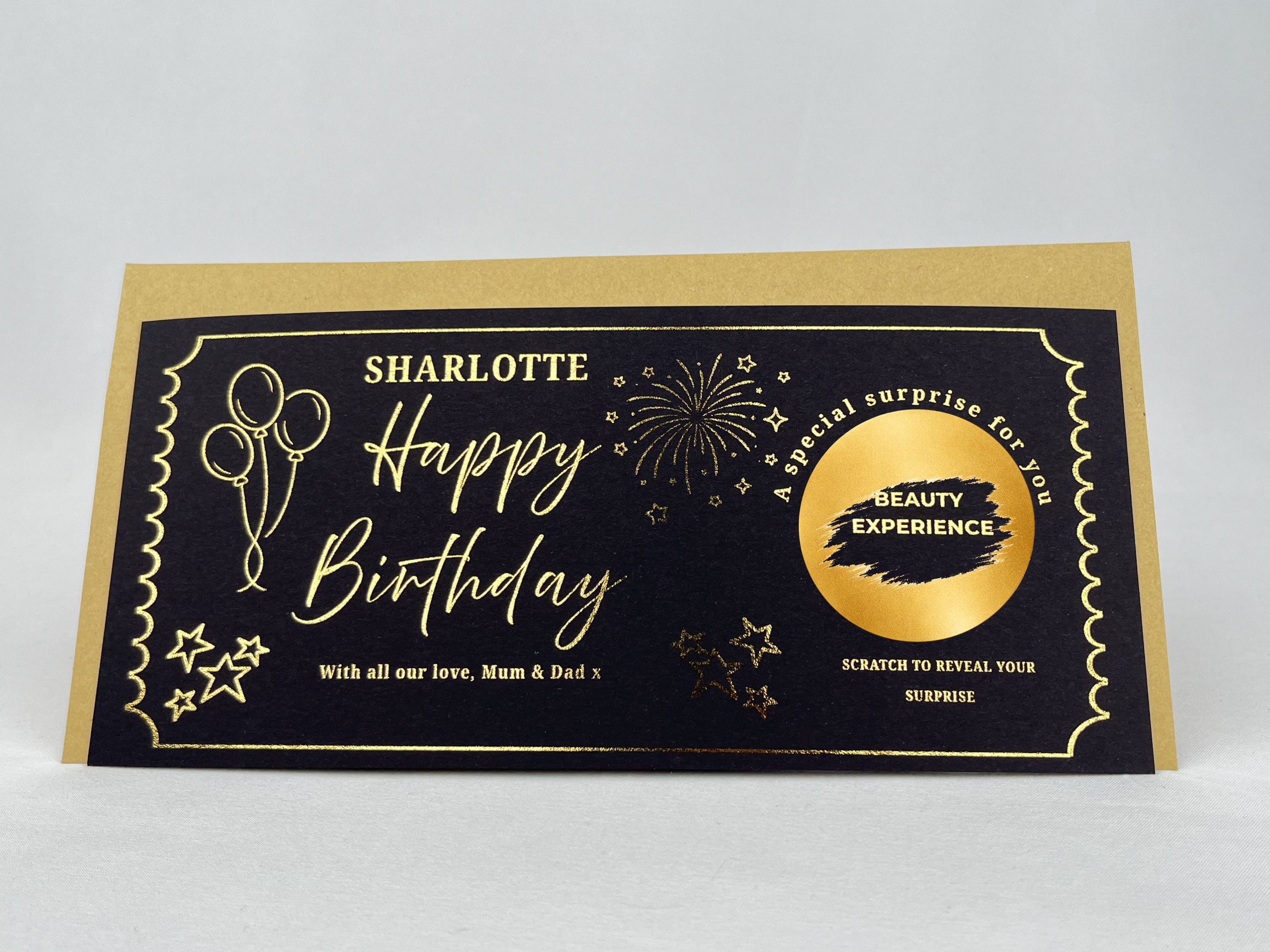 Personalised Gold Stars and Balloons Birthday Scratch Reveal Ticket