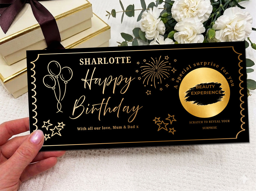 Personalised Gold Stars and Balloons Birthday Scratch Reveal Ticket