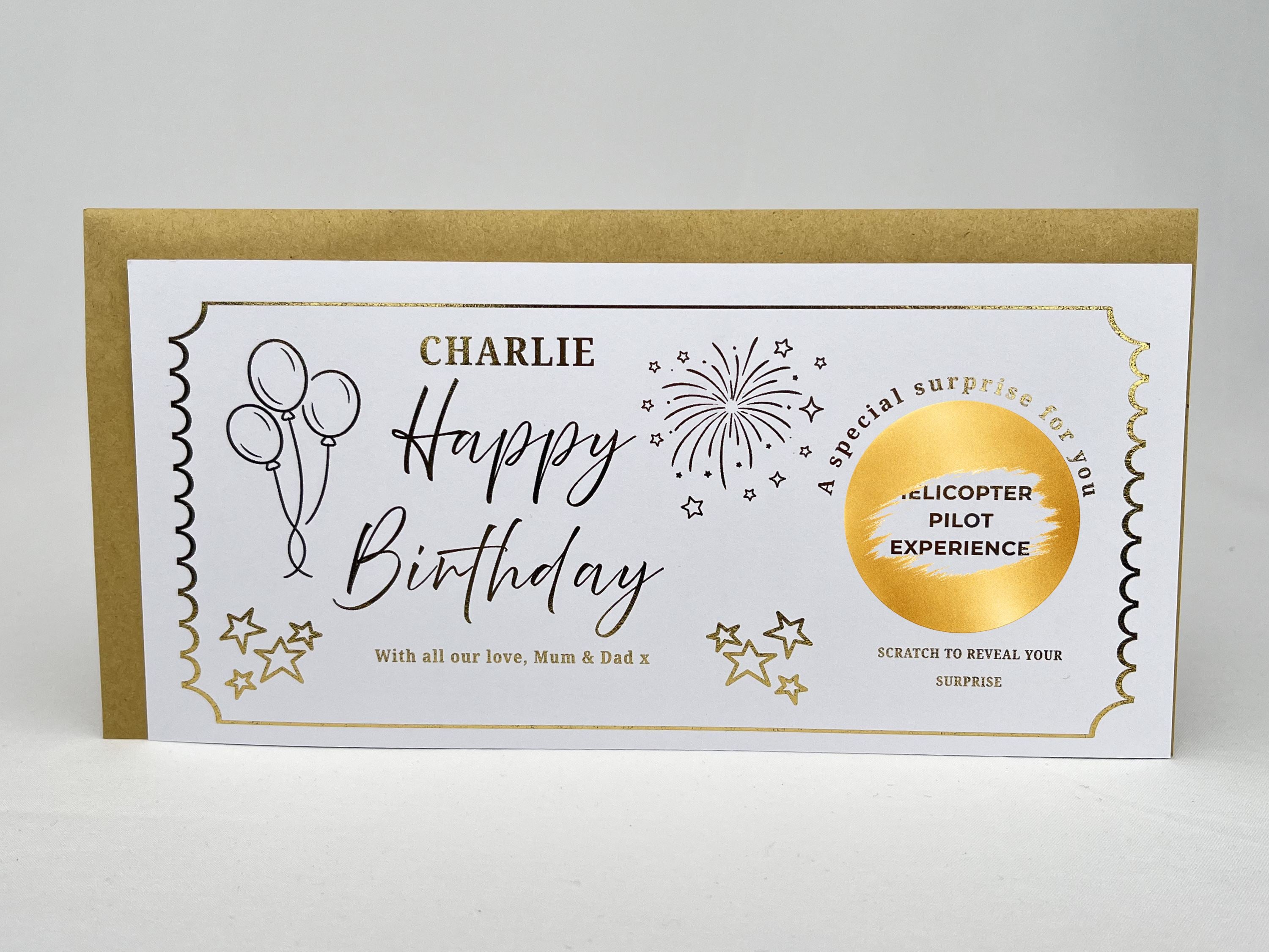 Personalised Gold Stars and Balloons Birthday Scratch Reveal Ticket
