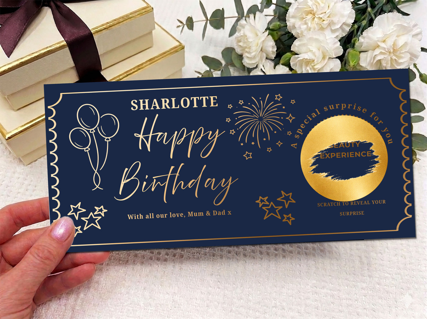 Personalised Gold Stars and Balloons Birthday Scratch Reveal Ticket