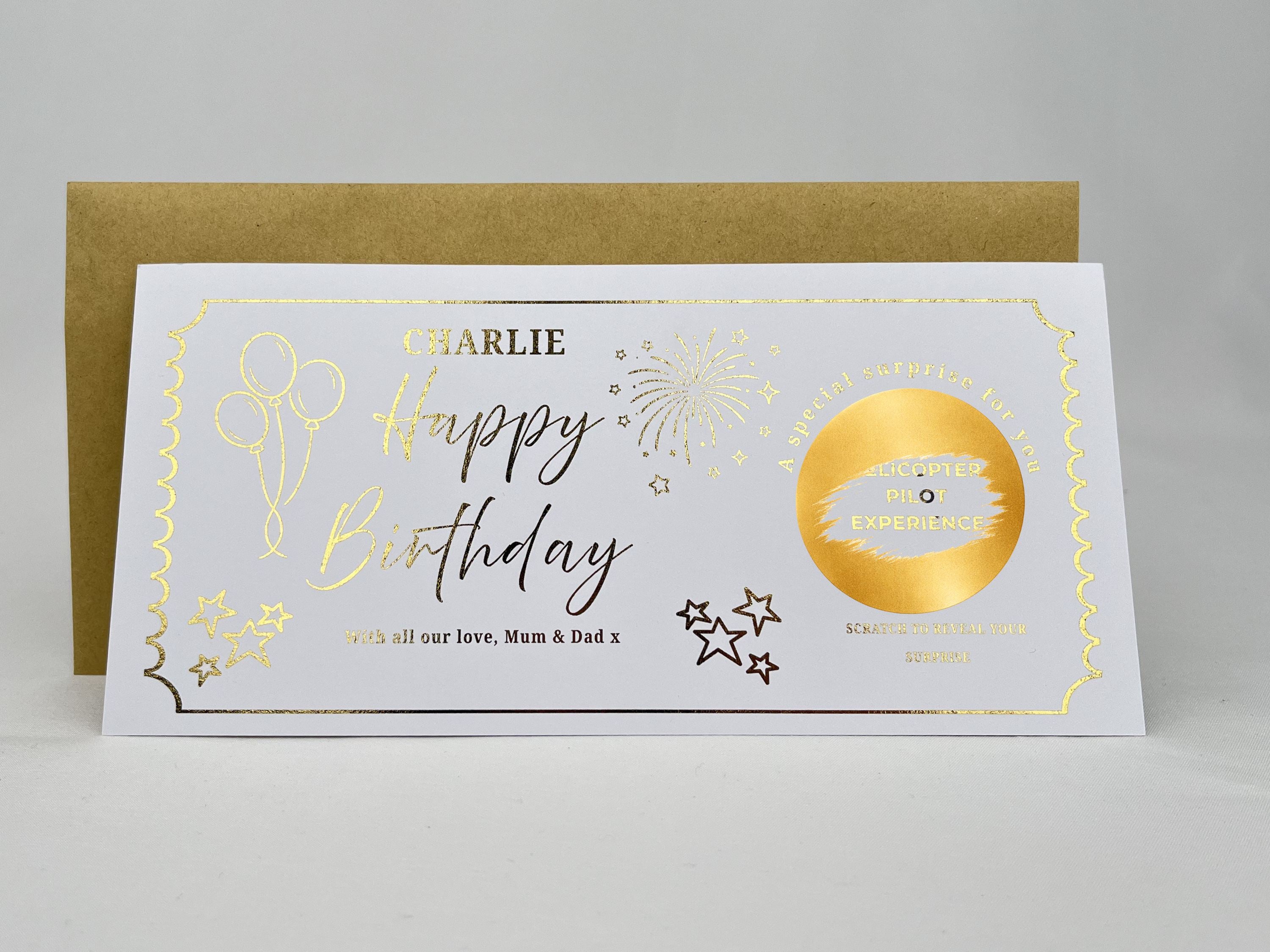 Personalised Gold Stars and Balloons Birthday Scratch Reveal Ticket