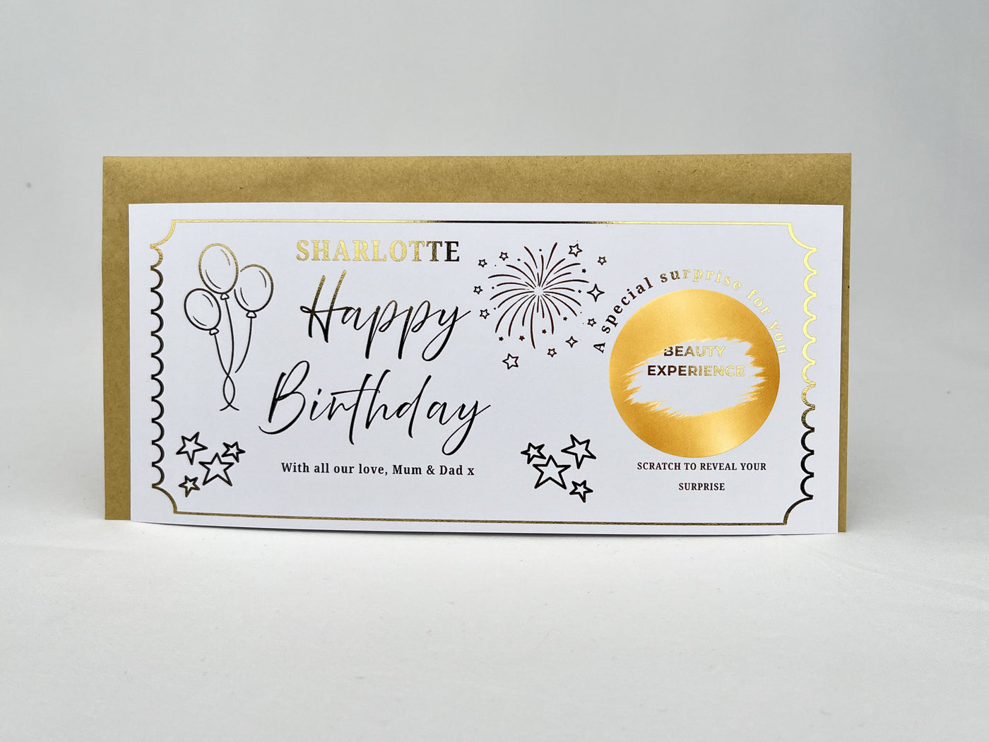 Personalised Gold Stars and Balloons Birthday Scratch Reveal Ticket