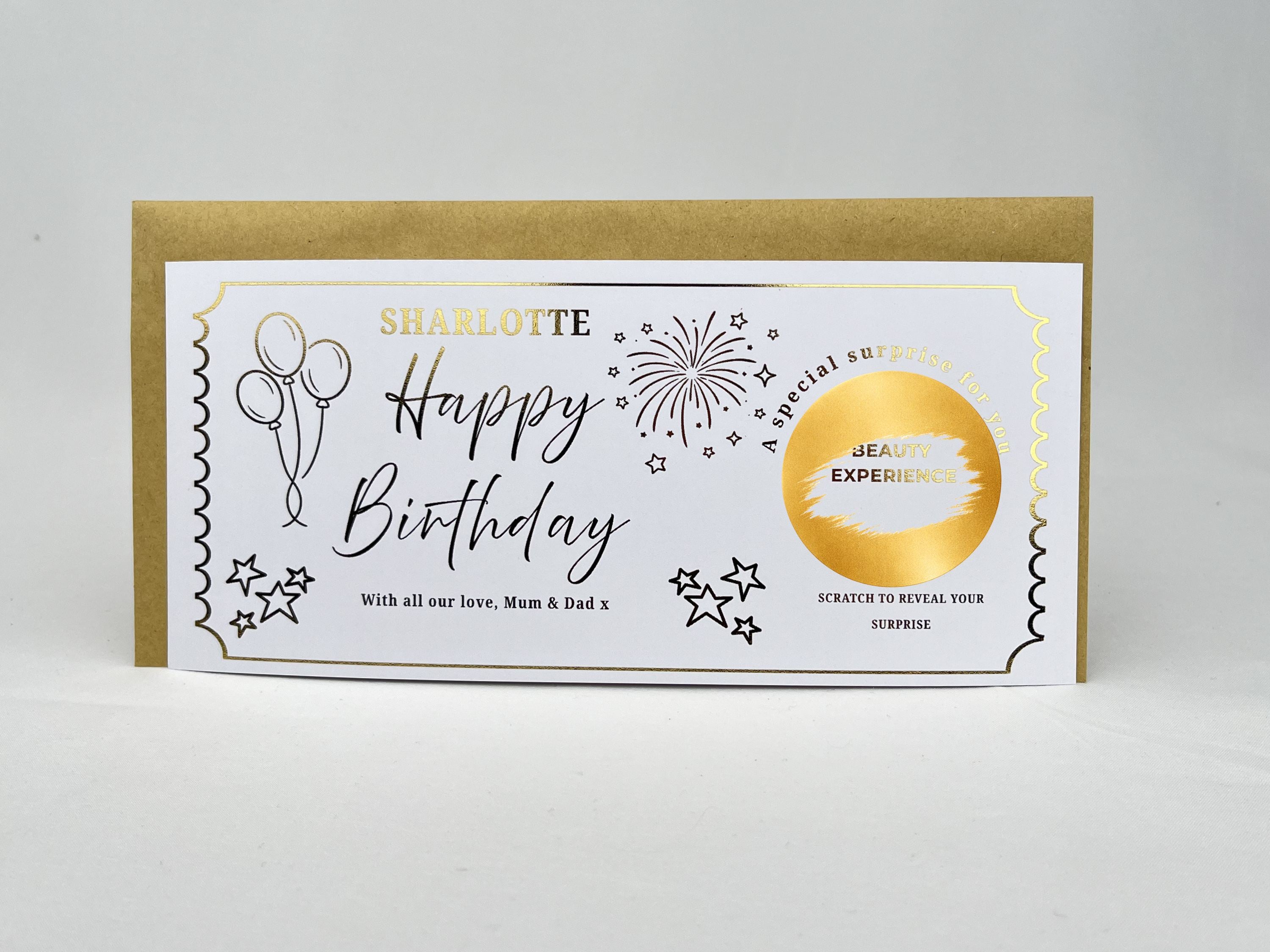 Personalised Gold Stars and Balloons Birthday Scratch Reveal Ticket