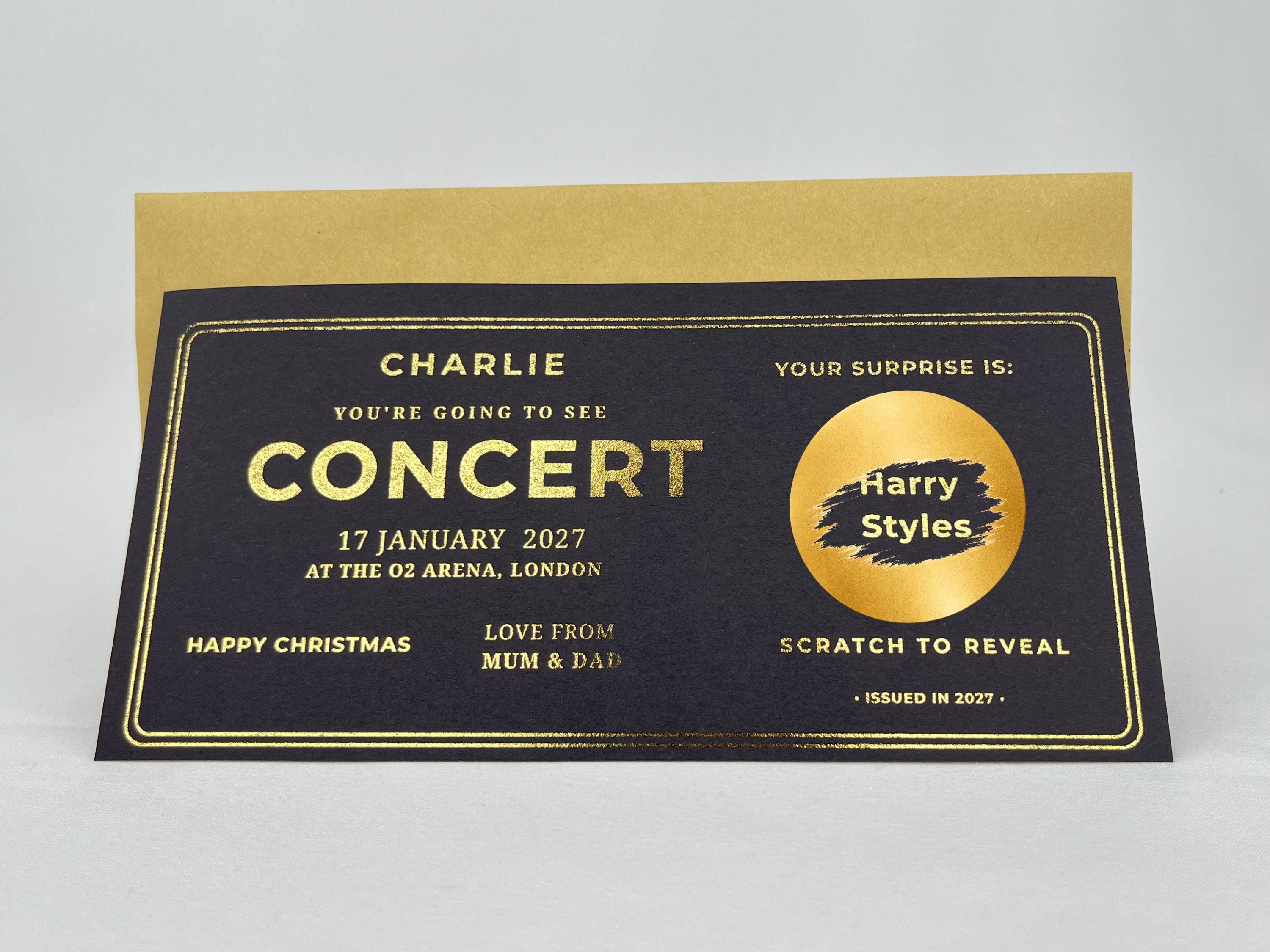 Personalised Gold Classic Concert Ticket Scratch Reveal Card
