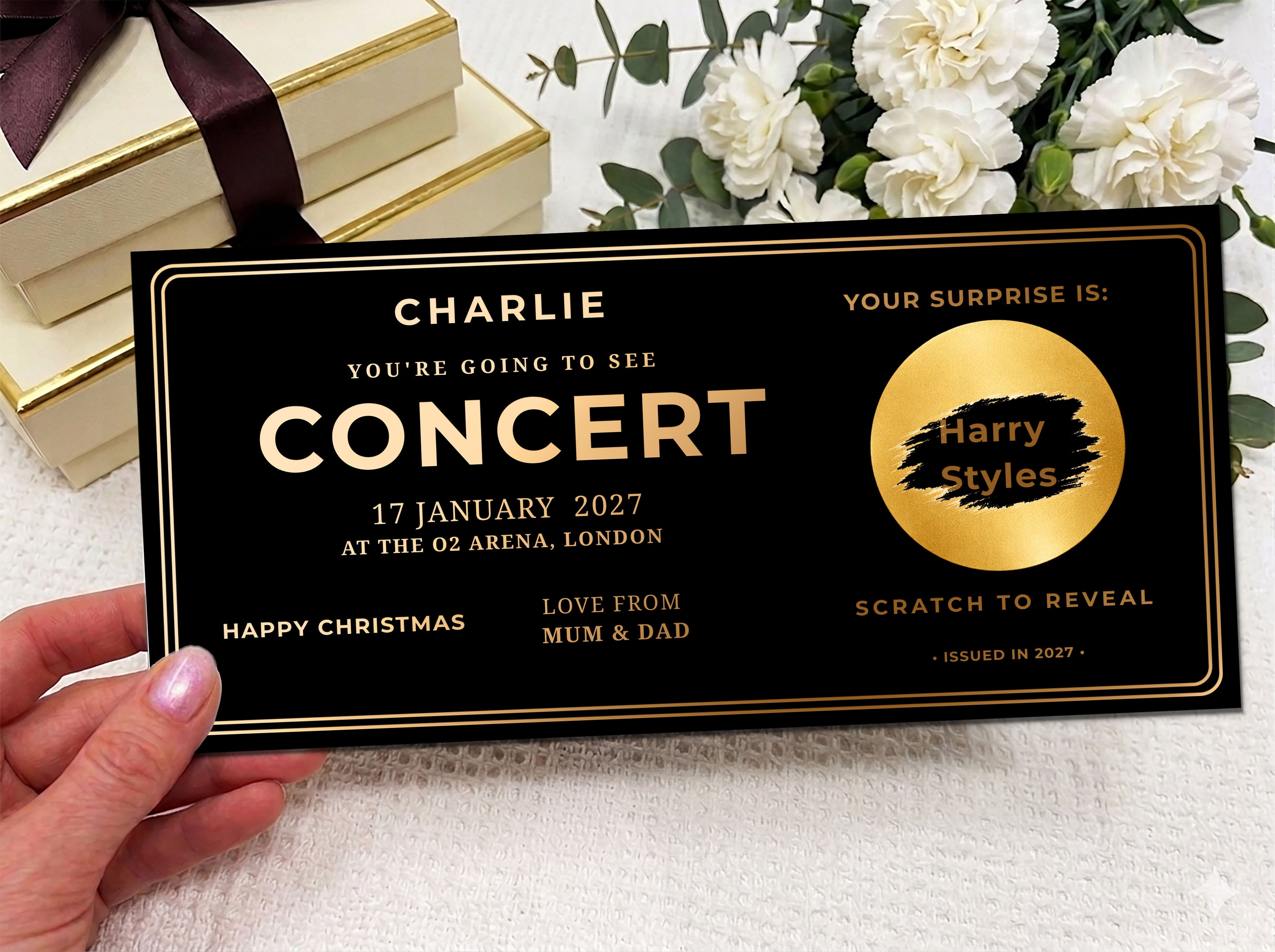 Personalised Gold Classic Concert Ticket Scratch Reveal Card
