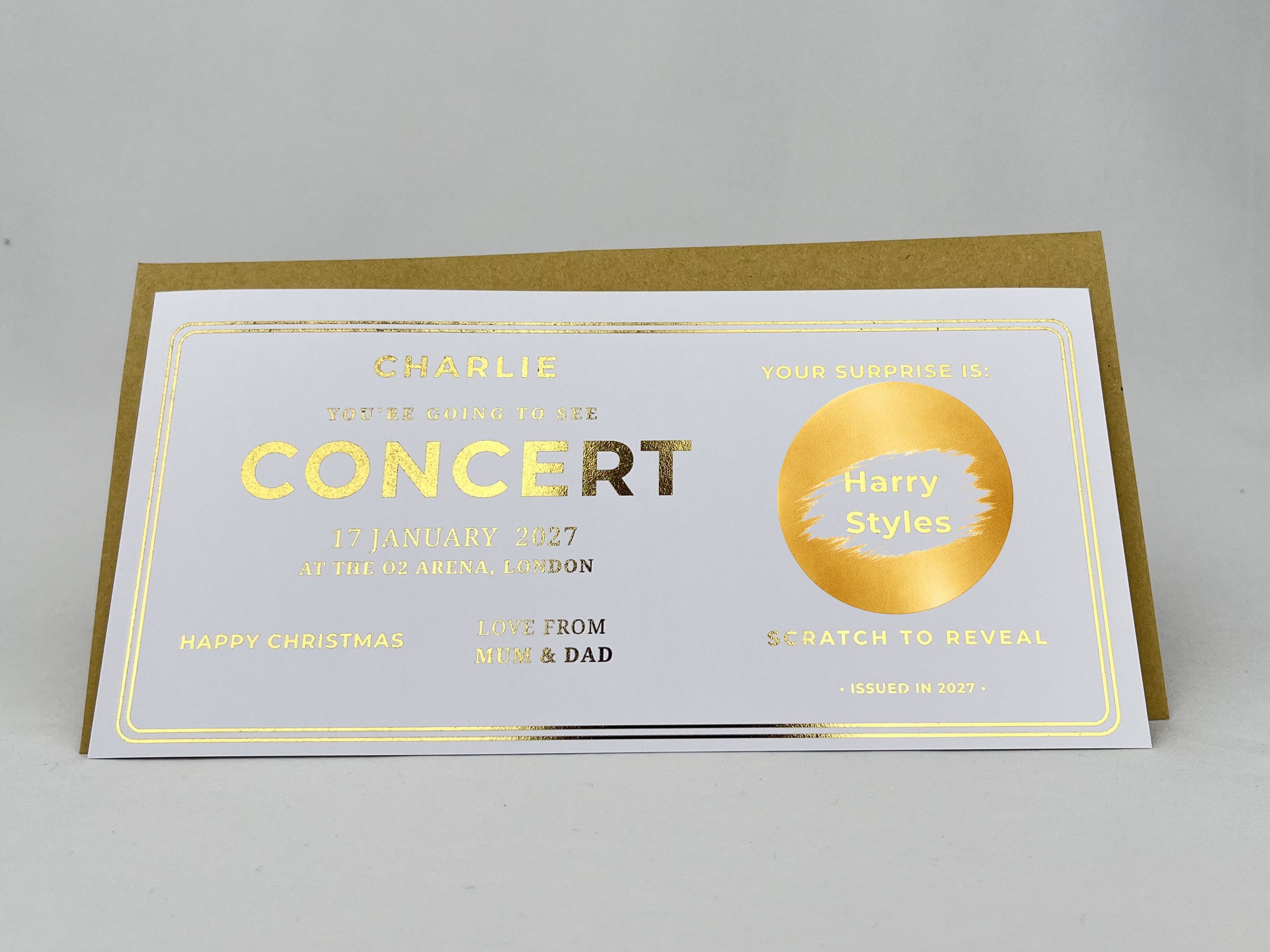 Personalised Gold Classic Concert Ticket Scratch Reveal Card