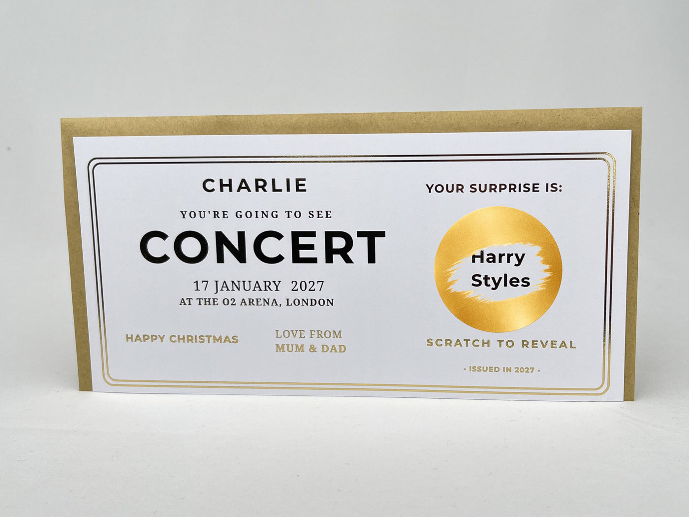 Personalised Gold Classic Concert Ticket Scratch Reveal Card