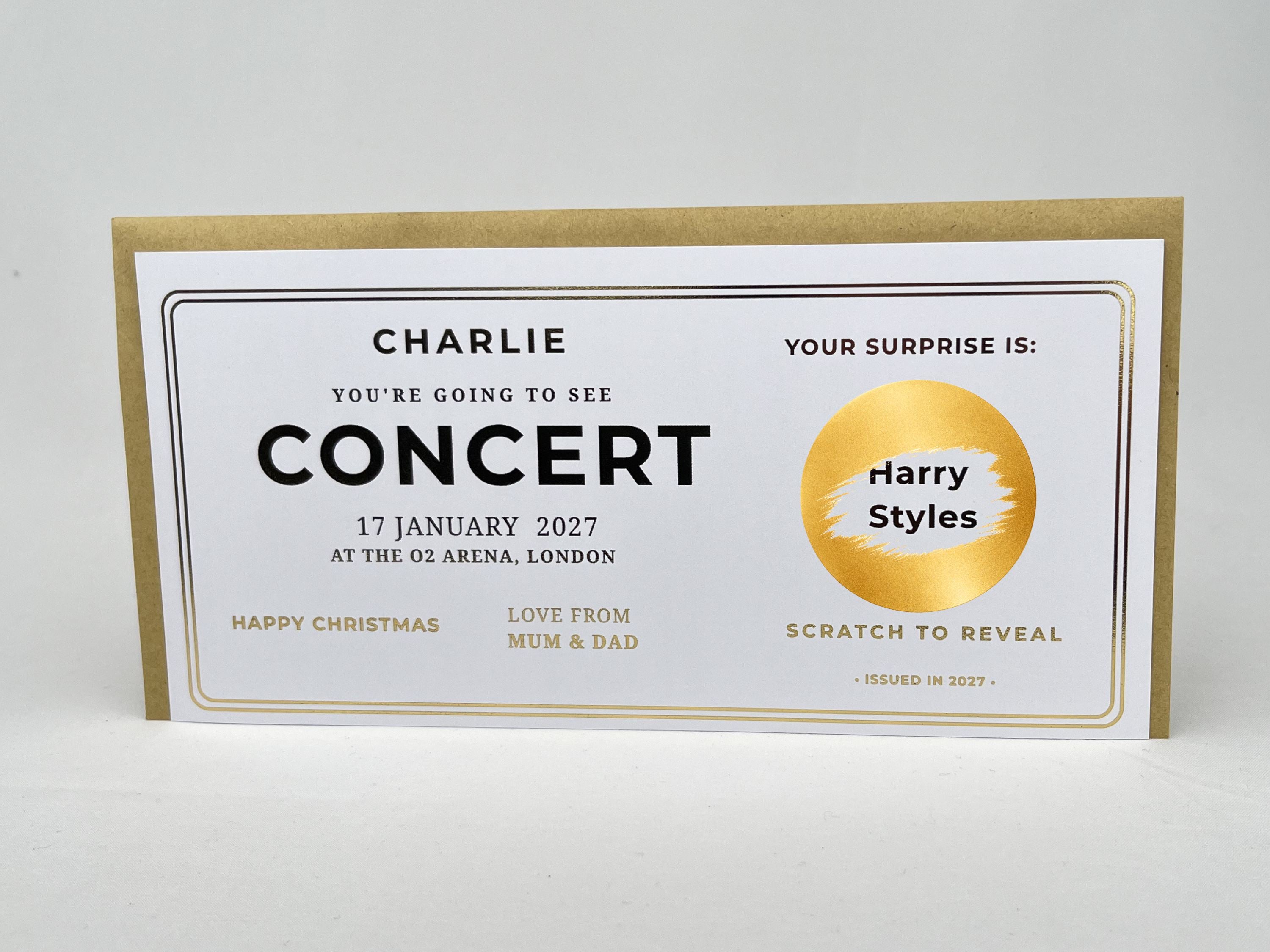 Personalised Gold Classic Concert Ticket Scratch Reveal Card